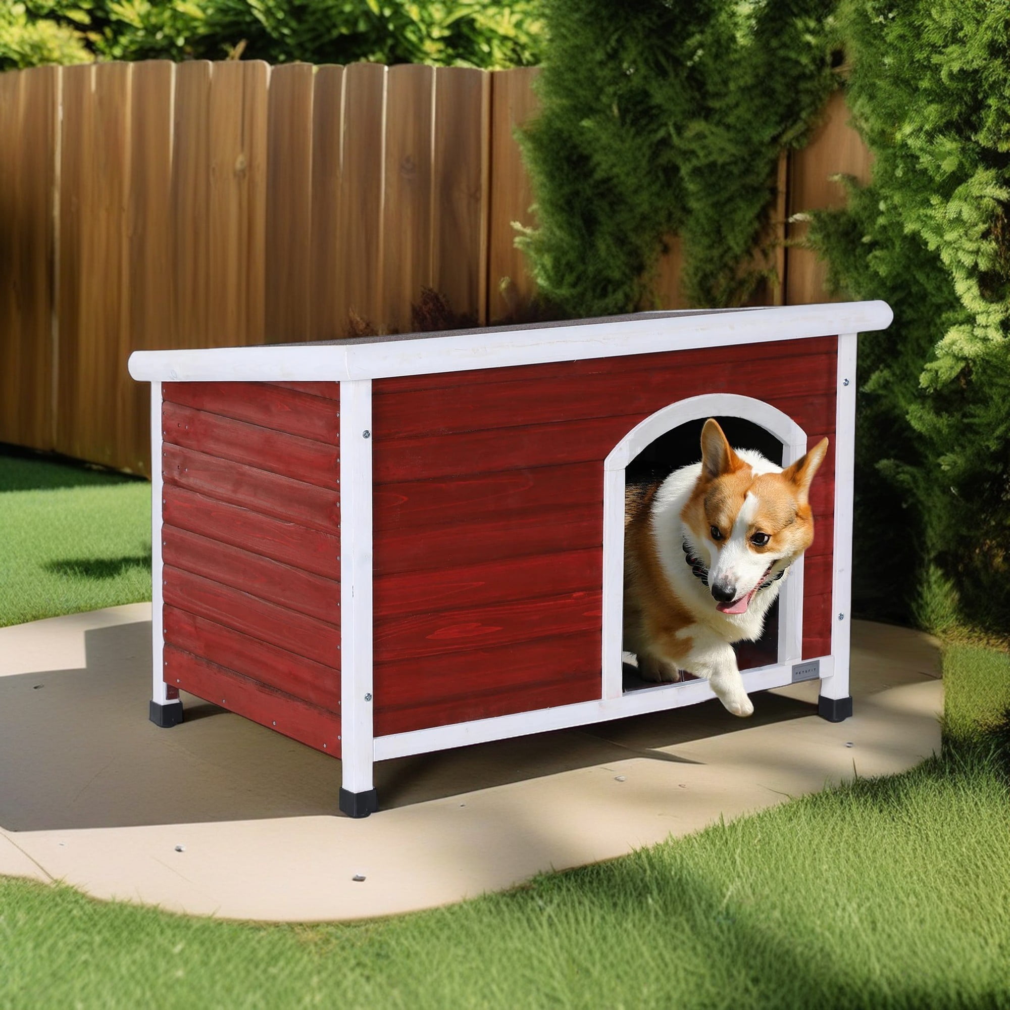 Medium Red Wooden Outdoor Dog House with Raised Floor