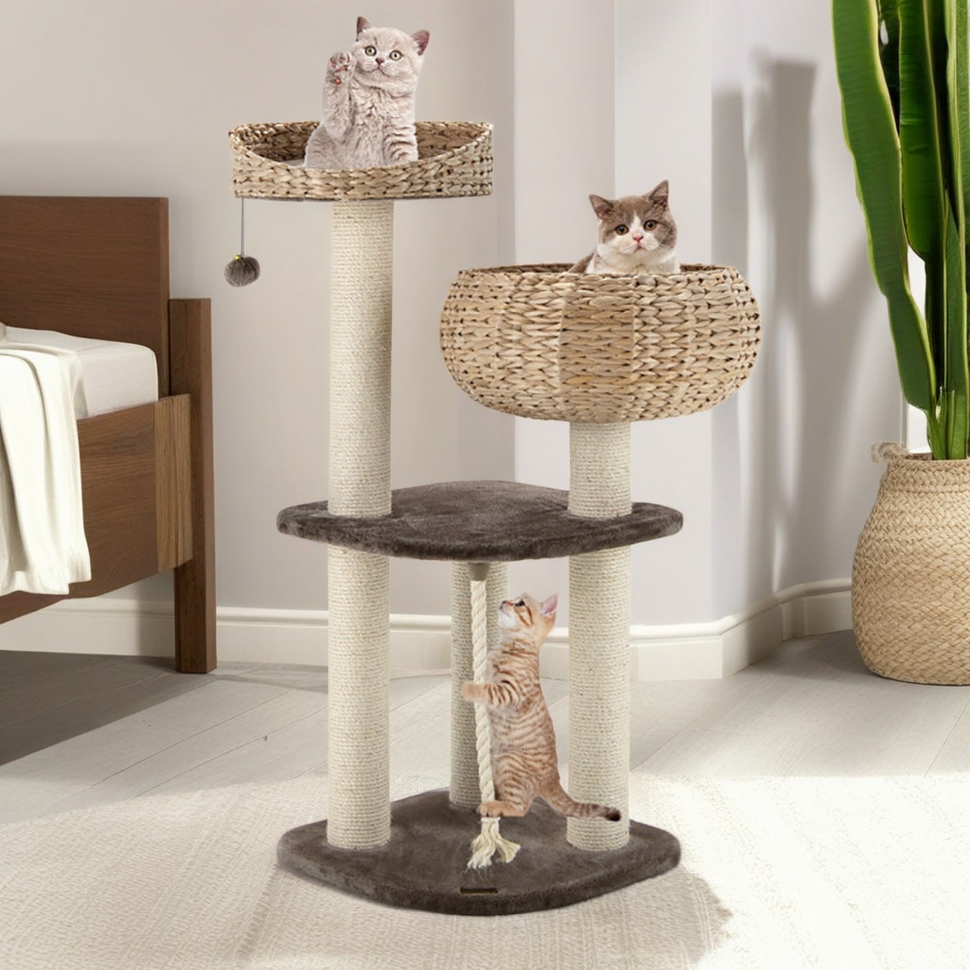 Kadyn 41" Rattan Cat Tree Indoor Climbing Activity Tower with Scratching Posts, Napping Perch, Brown