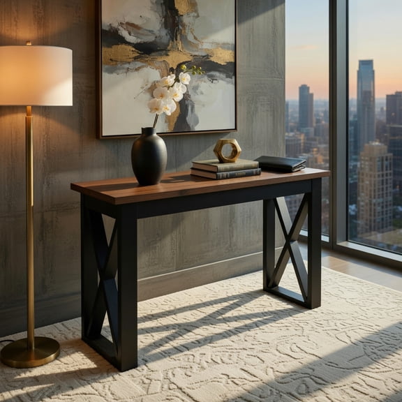 Demi Bonn 41" Ribesigns Industrial Console Table, Narrow Entryway Table with Open Shelf, Black Metal Frame & Warm Wood Grain Top for Hallway, Living Room or Behind Sofa, Brown