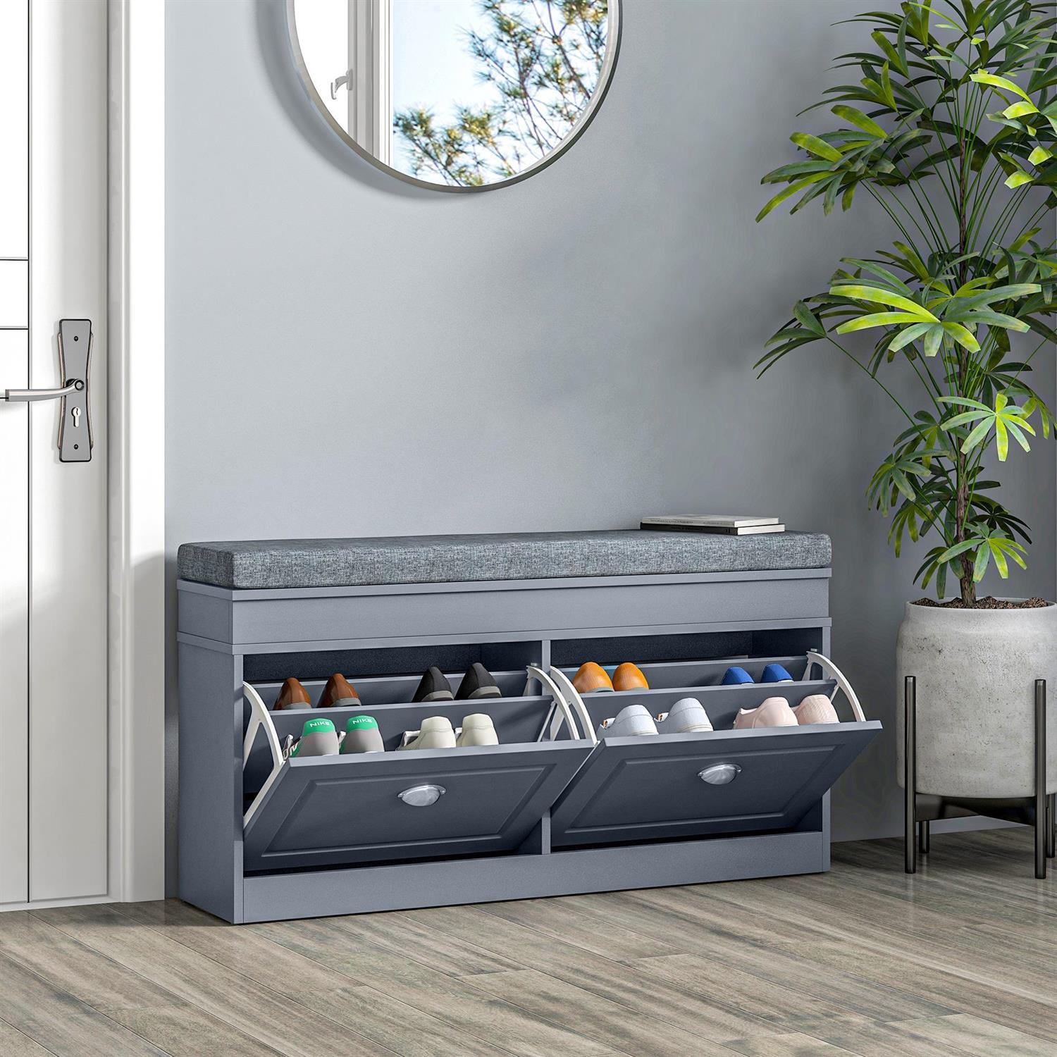 Demi Bonn 41" Shoe Storage Bench with Cushion and Drawers, Organizer for Entryway, Comfortable Sitting and Storage for 8 Pairs of Shoes, Gray