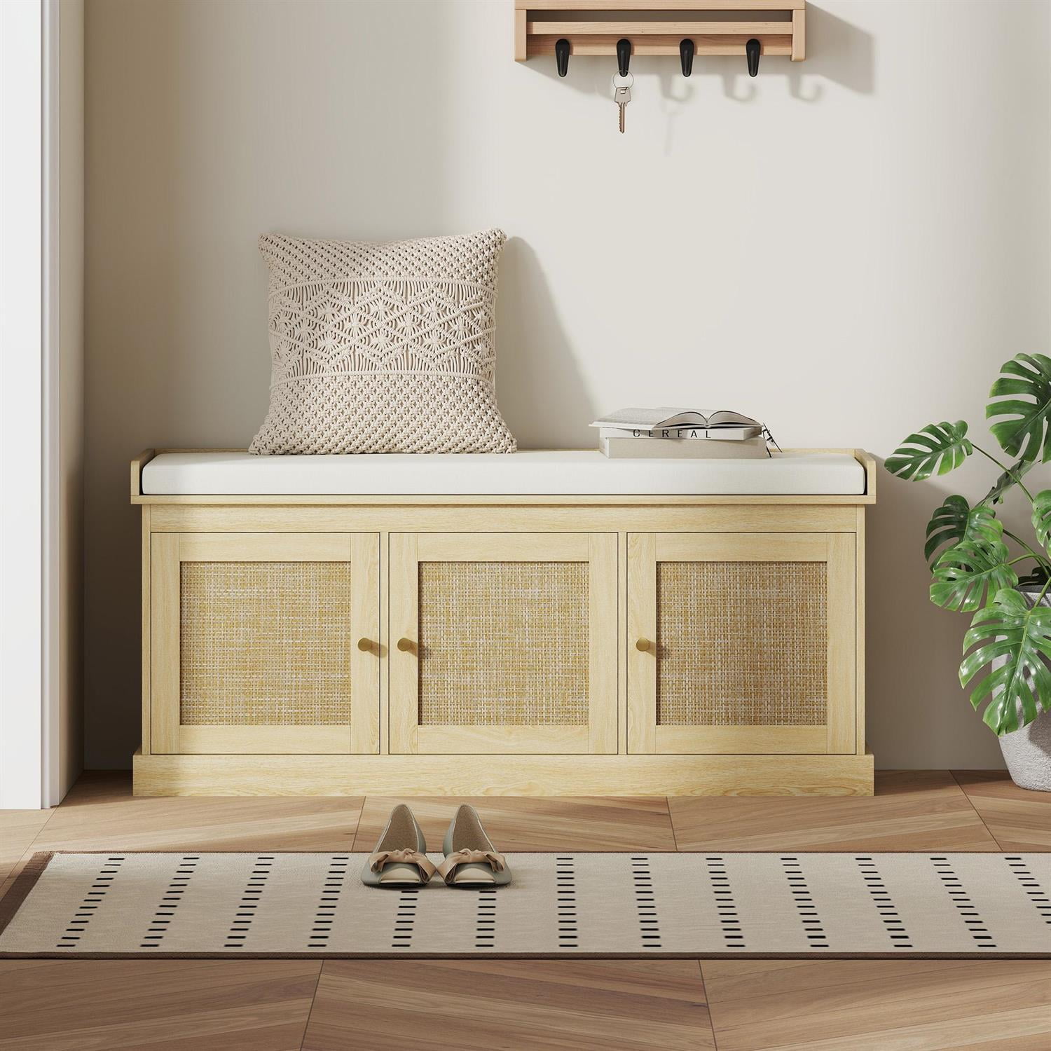 Demi Bonn 41" Shoe Storage Bench with Rattan Design , Adjustable Shelves & Cushion Comfort, Entryway Organizer for Home Decorators, Oak