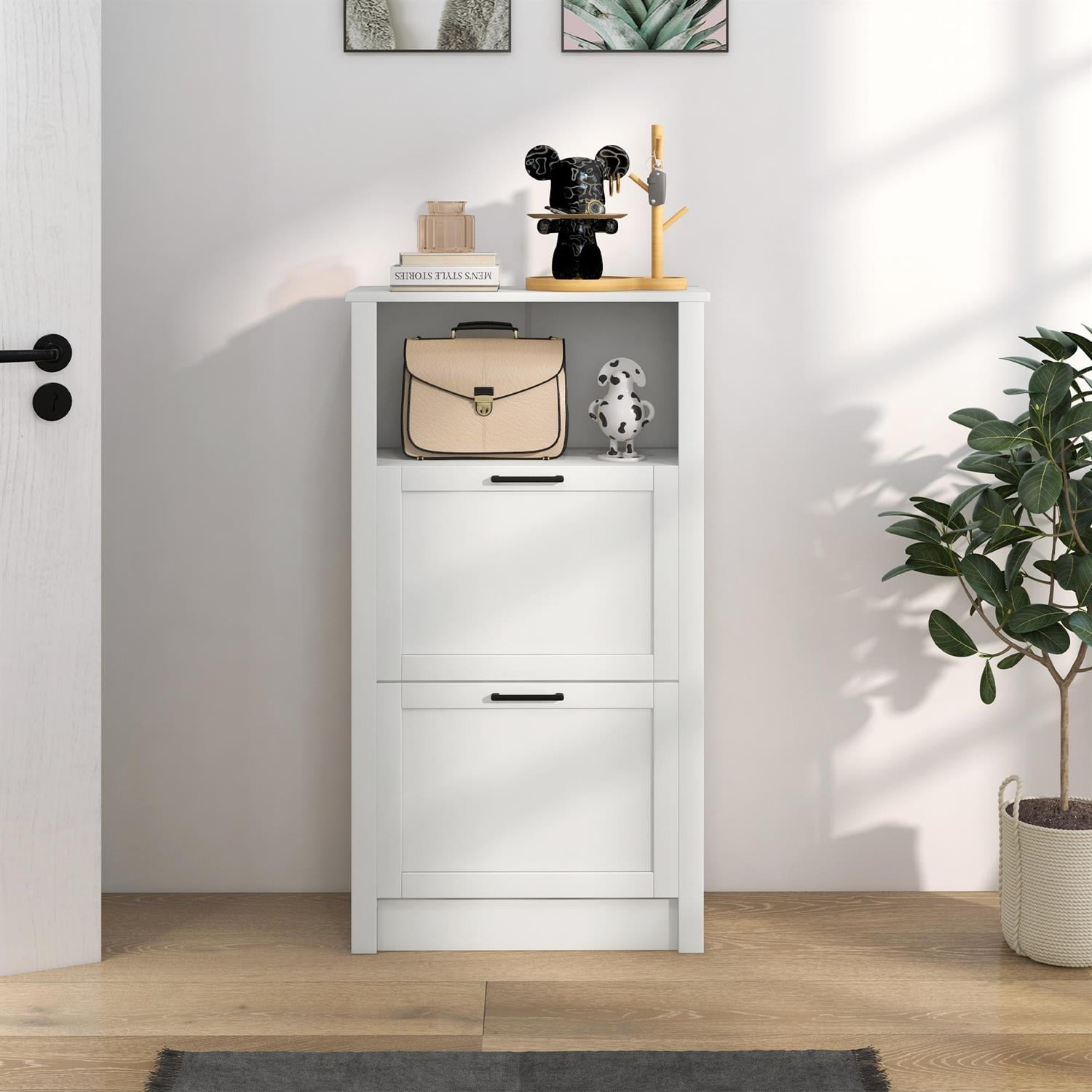 Demi Bonn 41" Shoe Storage Cabinet with Flip Drawers and Adjustable Shelves, White
