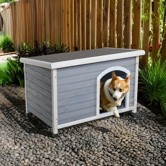 Demi Bonn 41" Wood Dog Houses for Medium Dogs, Outdoor Weatherproof Dog Kennel with An Open Roof, Elevated Floor, Gray