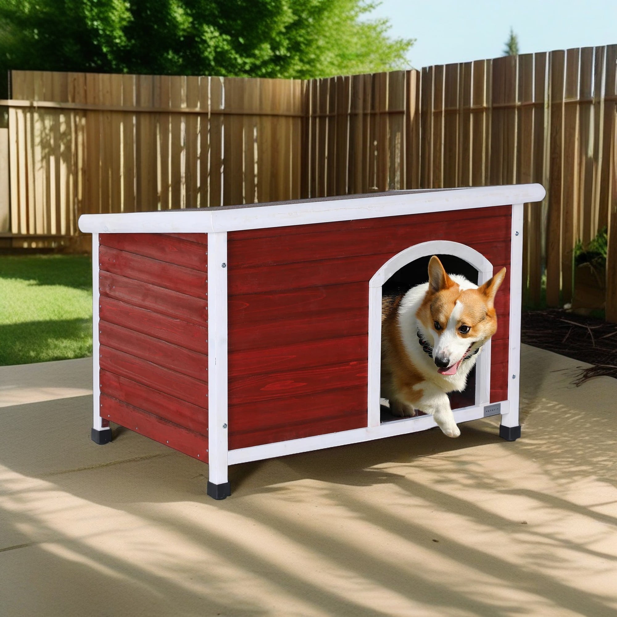 Medium Red Wooden Outdoor Dog House with Raised Floor