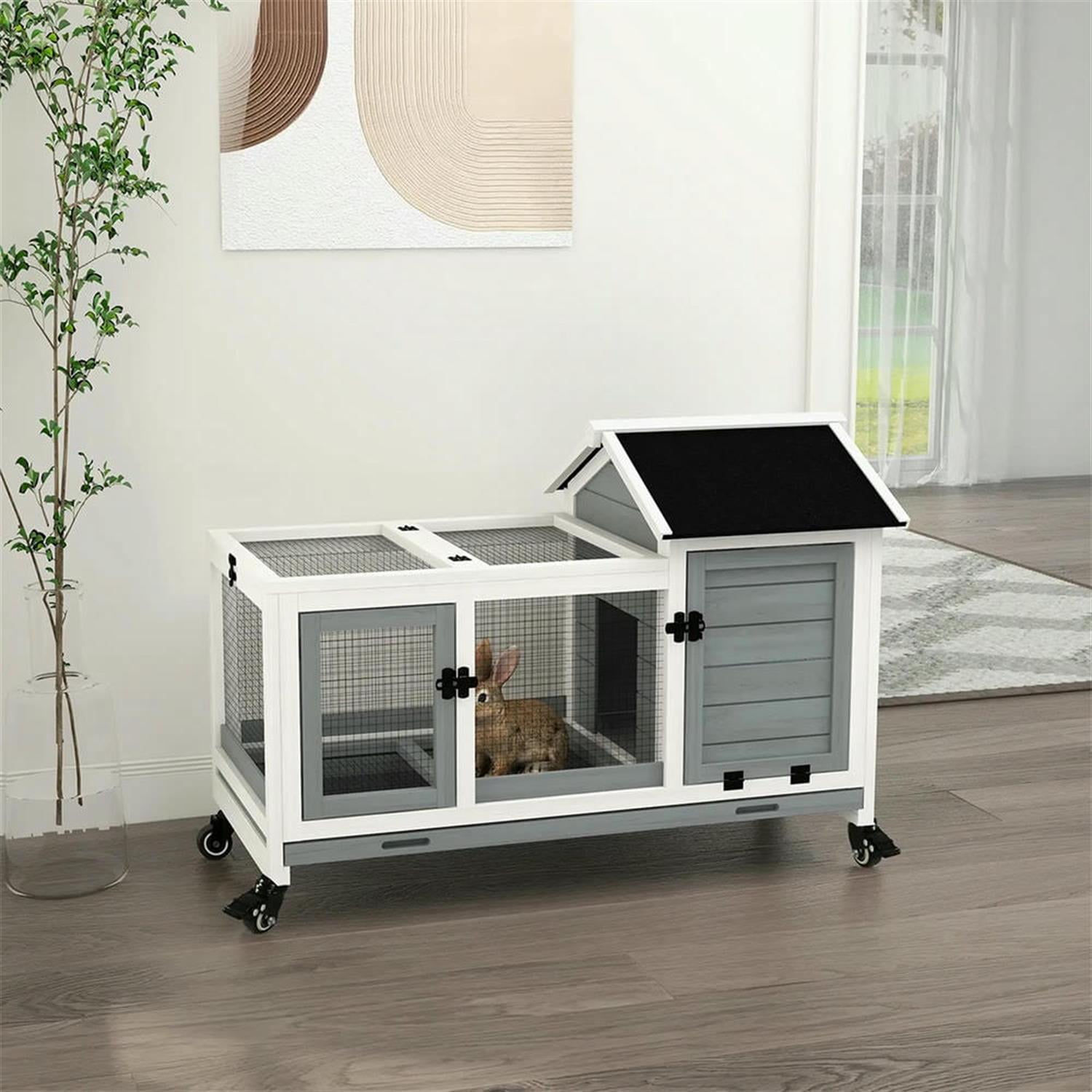 Kadyn 42.5" Wooden Rabbit Hutch with Wheels and Slide-out Tray, Outdoor Small Animal Habitat Enclosure Bunny Cage for Bunnies, Guinea Pigs, Gray