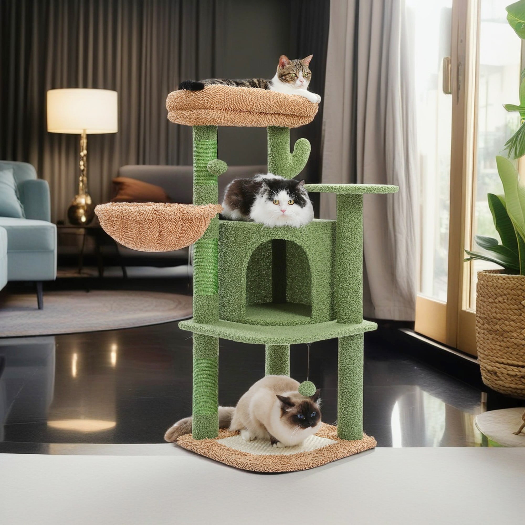 Kadyn 42" Cactus Cat Tree Tower with Cozy Condo and Perch for Indoor Cats, Multi-Level Cat Tree House with Sisal Covered Scratching Posts, Pads, Green