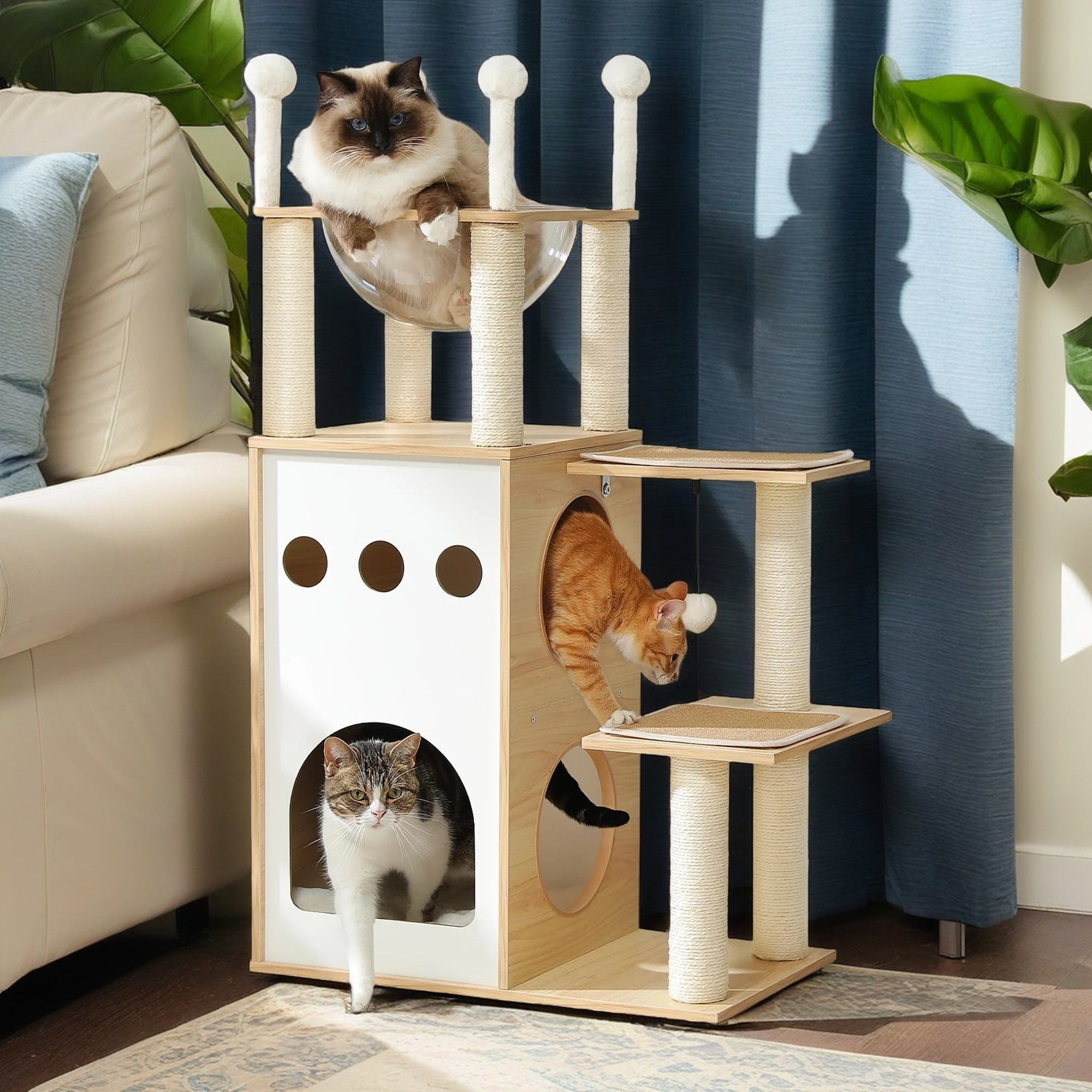 resenkos 42" Cat Tree House for Multiple Cats, Cat Tower with Double Spacious Condos Perch, Hammock, Kittens Activity Centre, Beige