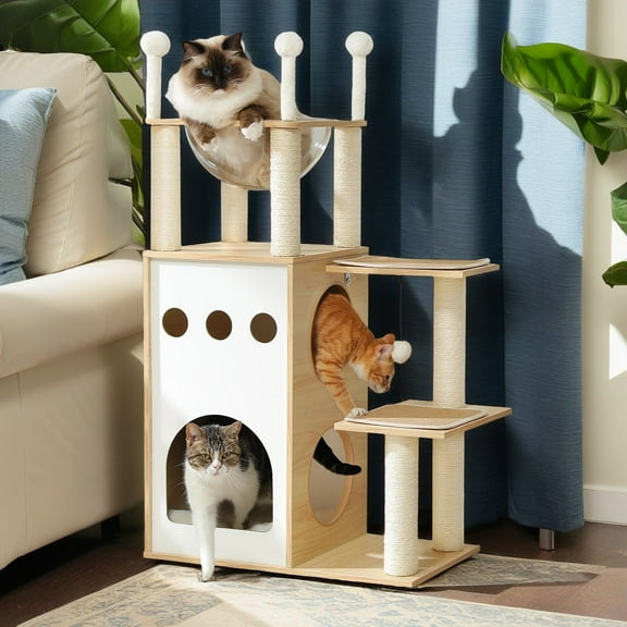 Demi Bonn 42" Cat Tree House for Multiple Cats, Cat Tower with Double Spacious Condos Perch, Hammock, Kittens Activity Centre, Beige