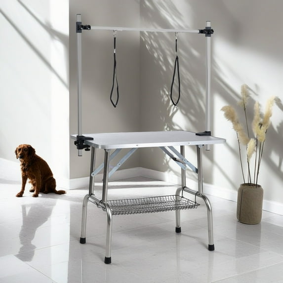 Demi Bonn 42" Dog Pet Grooming Table, Adjustable Arm Foldable Non-Slip Top, Rust-Proof, Waterproof, Warp-Free Trimming Table for Pets, Gray