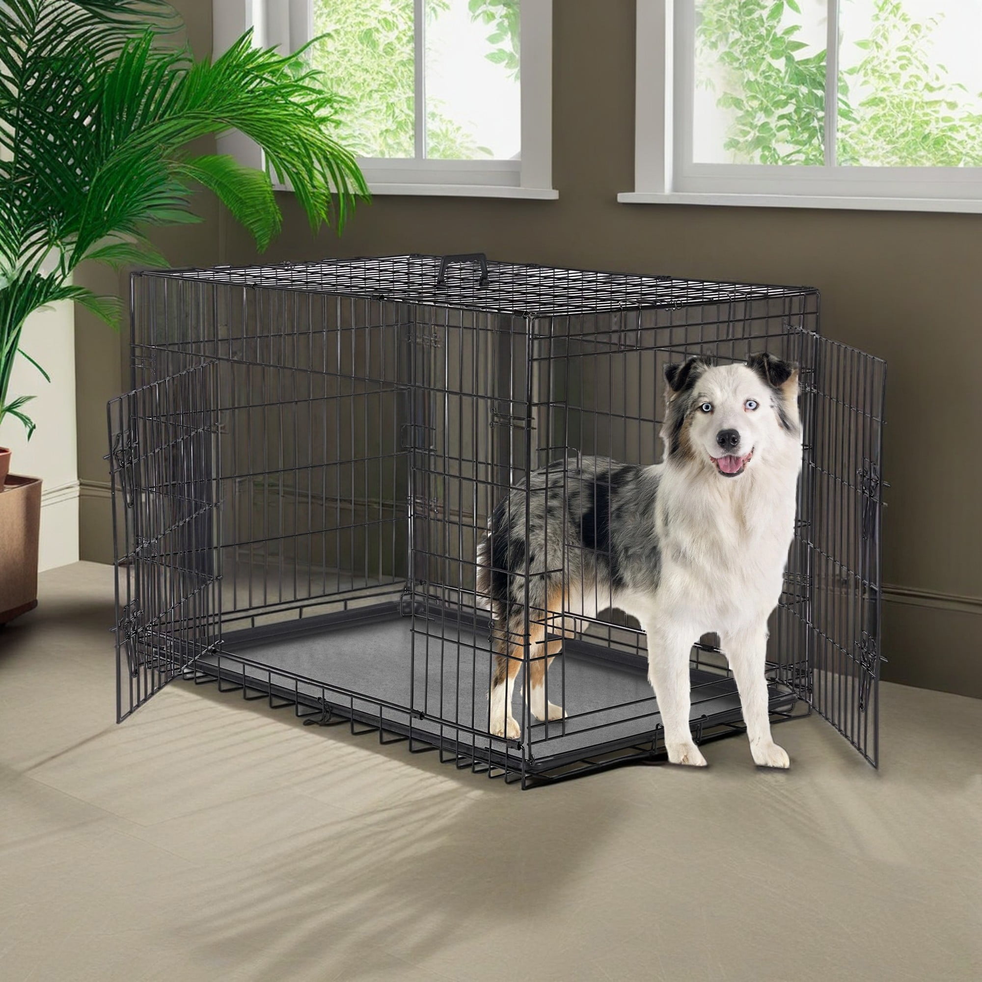 Demi Bonn 42" Durable Dog Crate with Double Doors, Foldable Metal Wire Dog Cage with Tray and Divider Panel, Dog Kennel for Large Dogs, Black