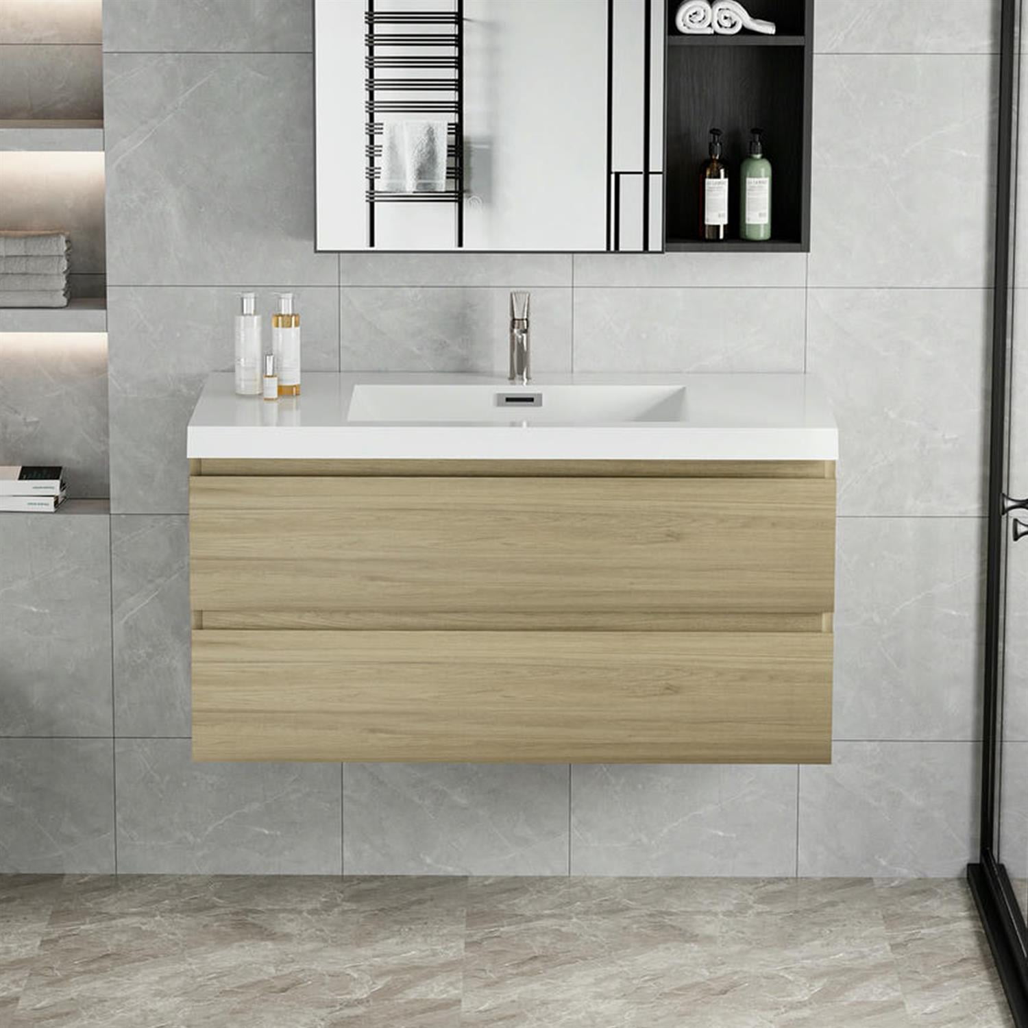 Demi Bonn 42" Floating Bathroom Vanity with Sink, Resin Top Basin and 2 Soft Close Drawers, Faucets and Drains Not Included, Brown