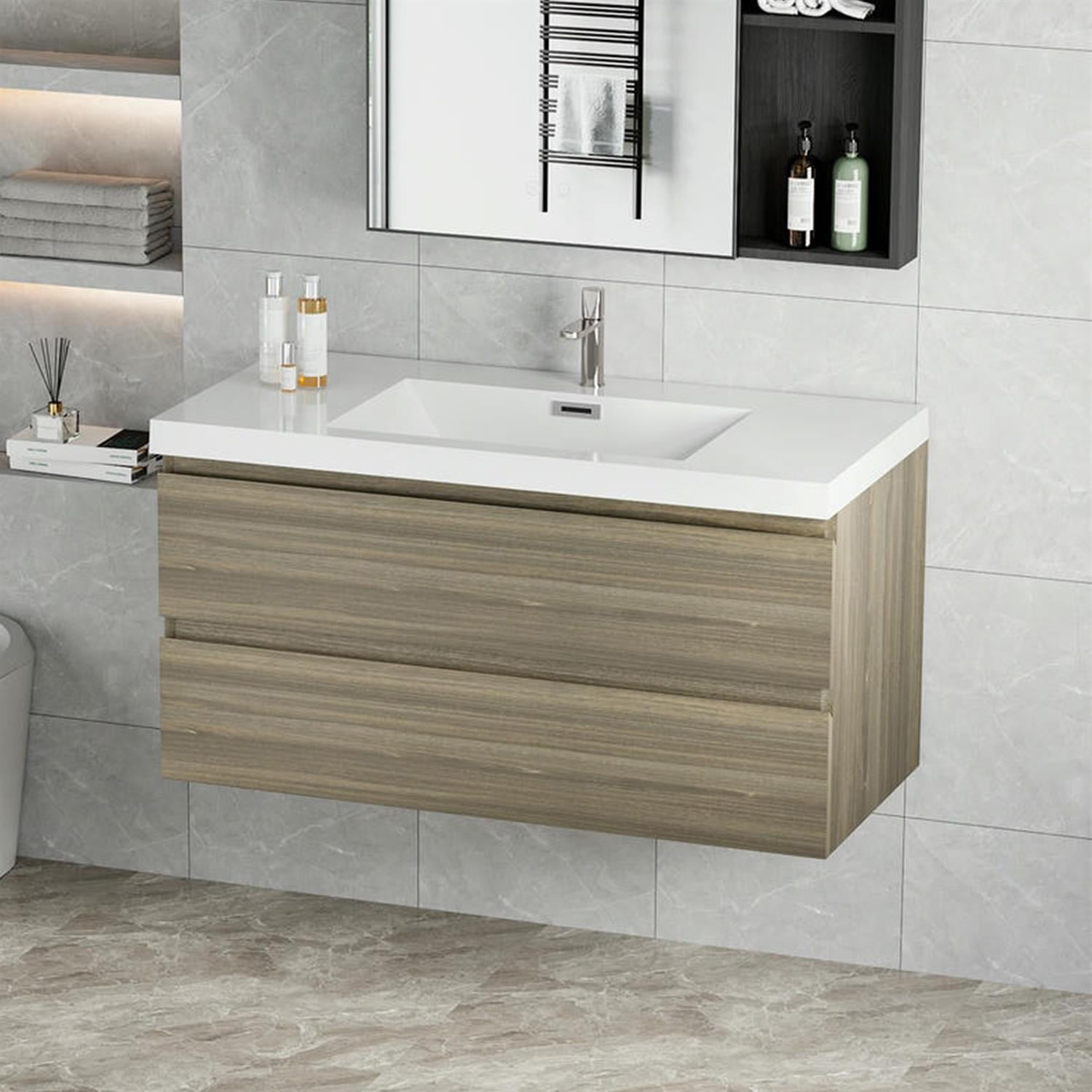 Demi Bonn 42" Floating Bathroom Vanity with Sink, Resin Top Basin and 2 Soft Close Drawers, Faucets and Drains Not Included, Gray