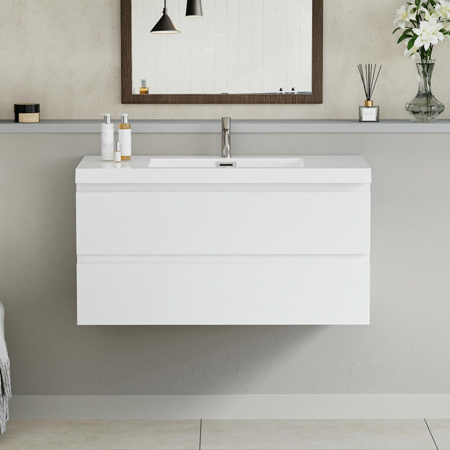 Demi Bonn 42" Floating Bathroom Vanity with Sink, Resin Top Basin and 2 Soft Close Drawers, Faucets and Drains Not Included, White