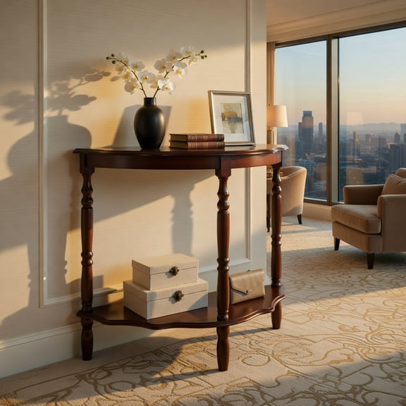 Demi Bonn 42-Inch Half Moon Console Table, 2 Open Cloud-Shaped Shelves & Rubber Wood Legs, Brown