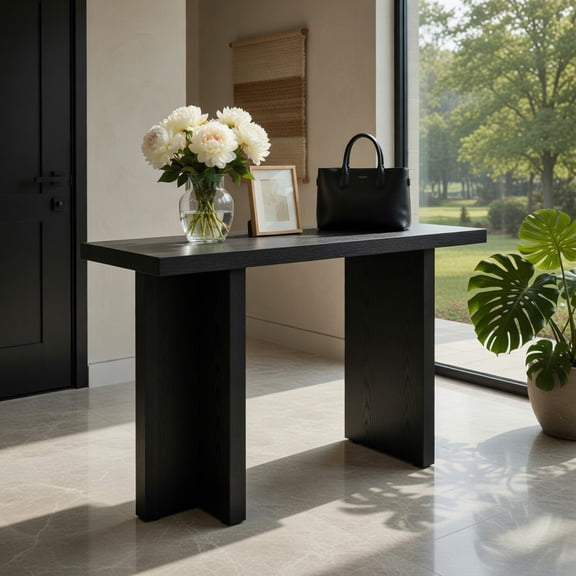 Demi Bonn 42 Inch Relief Narrow Entryway Console Table, 3D Textured T-Leg MDF Hallway Table for Living Room & Foyer, Black