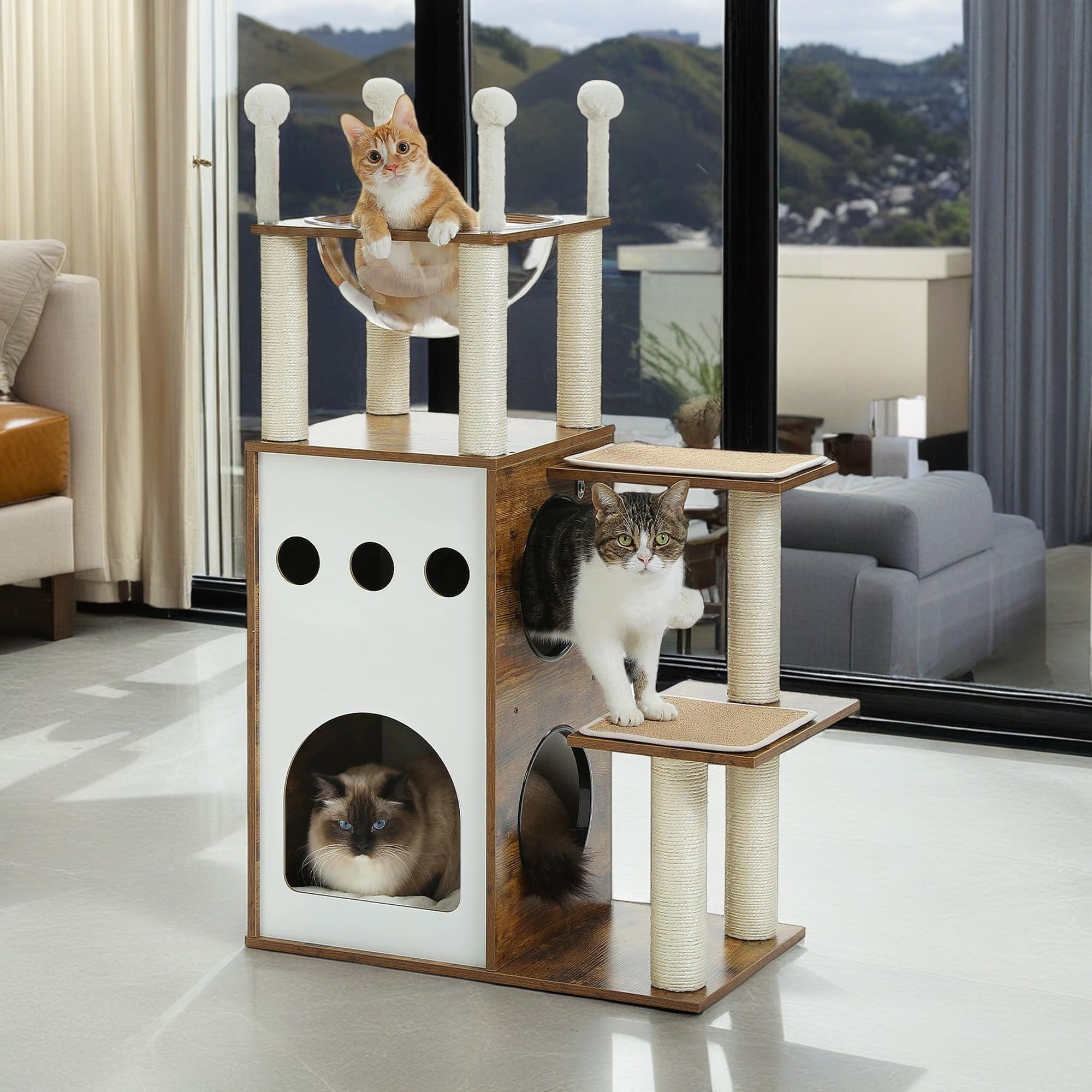 resenkos 42" Modern Cat Tree Tower with Double Spacious Condos Perch, Sisal Scratching Post, Kittens Toys Activity Centre Cat Tree House, Brown