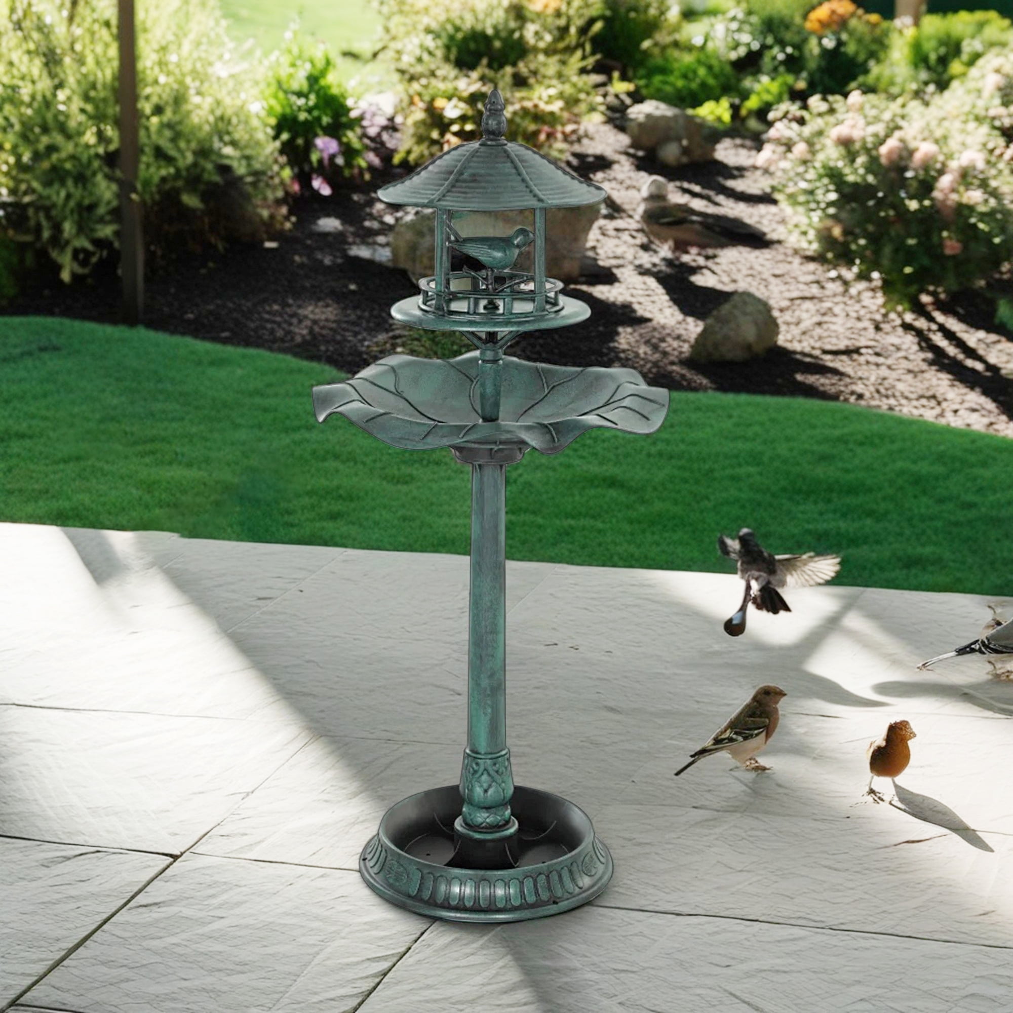 resenkos 42" Outdoor Garden Bird Bath with Solar Light, Weather Resistant Pedestal, Backyard Bird Feeder and Flower Planter, Green