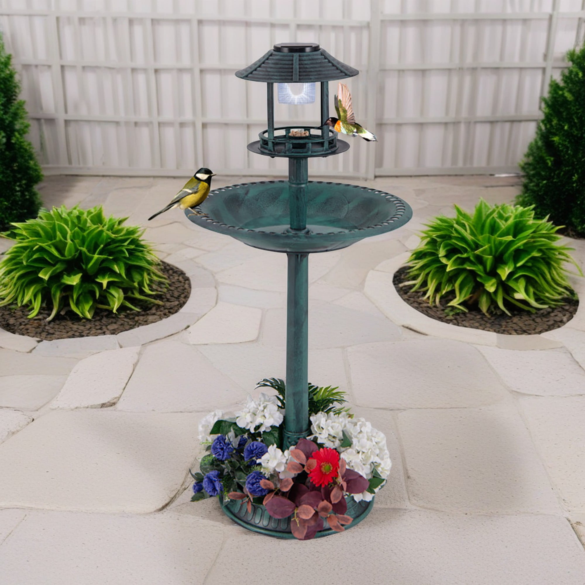 resenkos 42" Outdoor Pedestal Garden Bird Bath with Solar Light, Bird Feeder and Flower Planter, Bronze Green