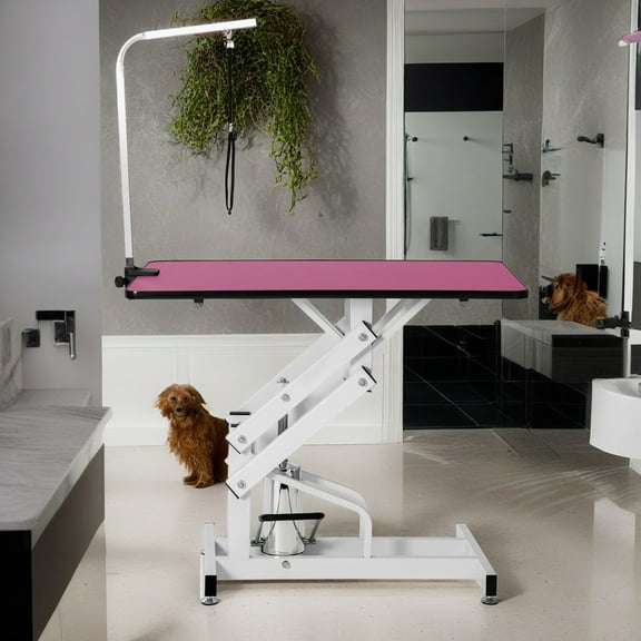 Demi Bonn 42" Pet Grooming Table for Dogs Cats, Z-Lift Adjustable Heavy Type Hydraulic Grooming Table, Foldable Dog Grooming Table for Home, Pink