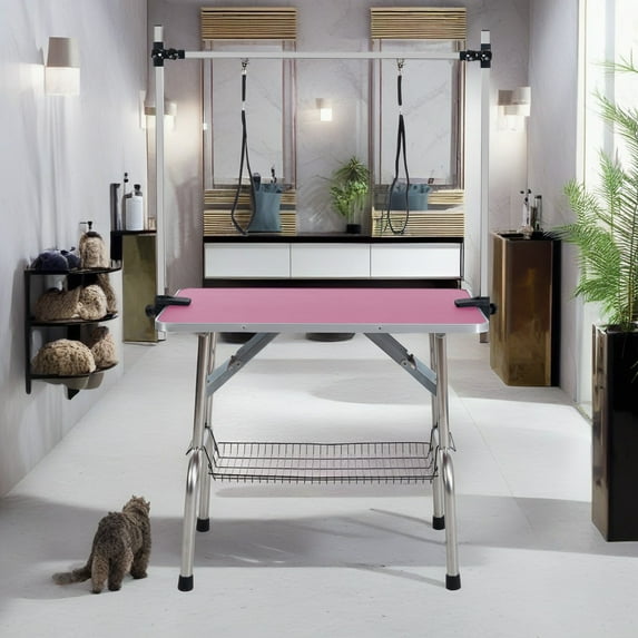 Demi Bonn 42" Pet Grooming Table for Large Dogs Adjustable Height Portable Trimming Table Drying Table w/Arm/Noose/Mesh Tray, Pink