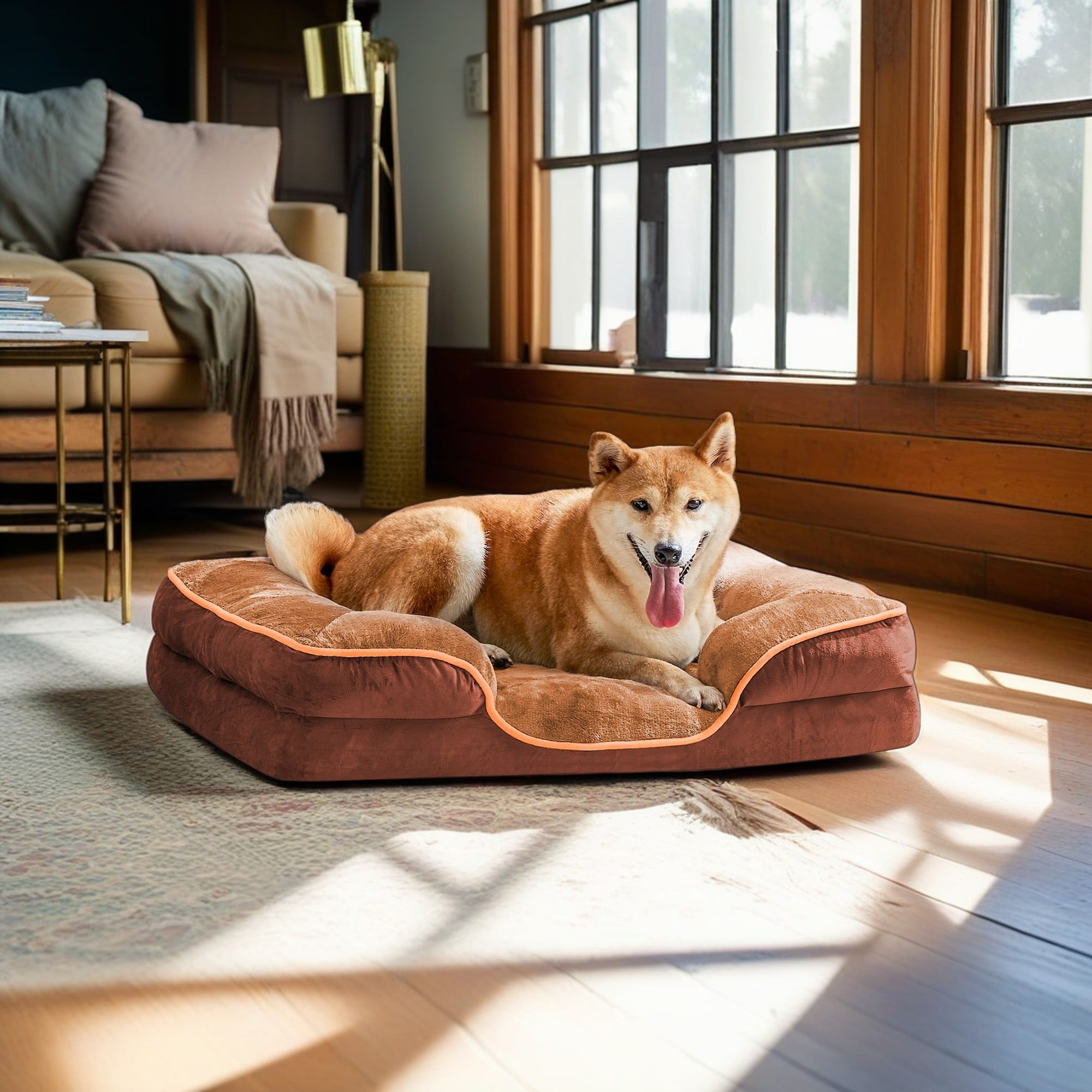 resenkos 42"x32" Orthopedic Dog Bed for Medium Dogs and Cats, Waterproof Dog Sofa Beds, Supportive Foam Pet Couch Bed with Removable Washable Cover, Brown