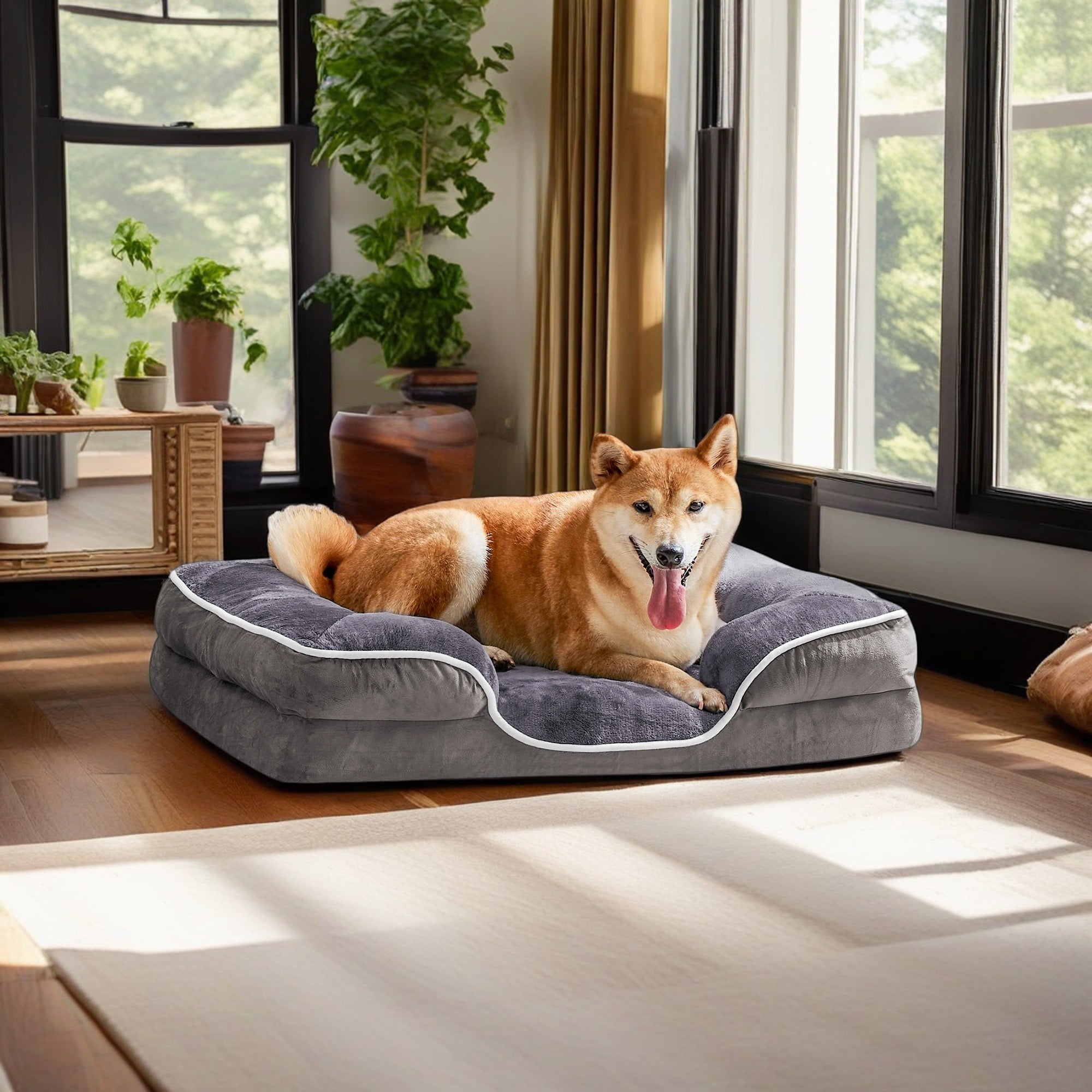 resenkos 42"x32" Orthopedic Dog Bed for Medium Dogs and Cats, Waterproof Dog Sofa Beds, Supportive Foam Pet Couch Bed with Removable Washable Cover, Gray