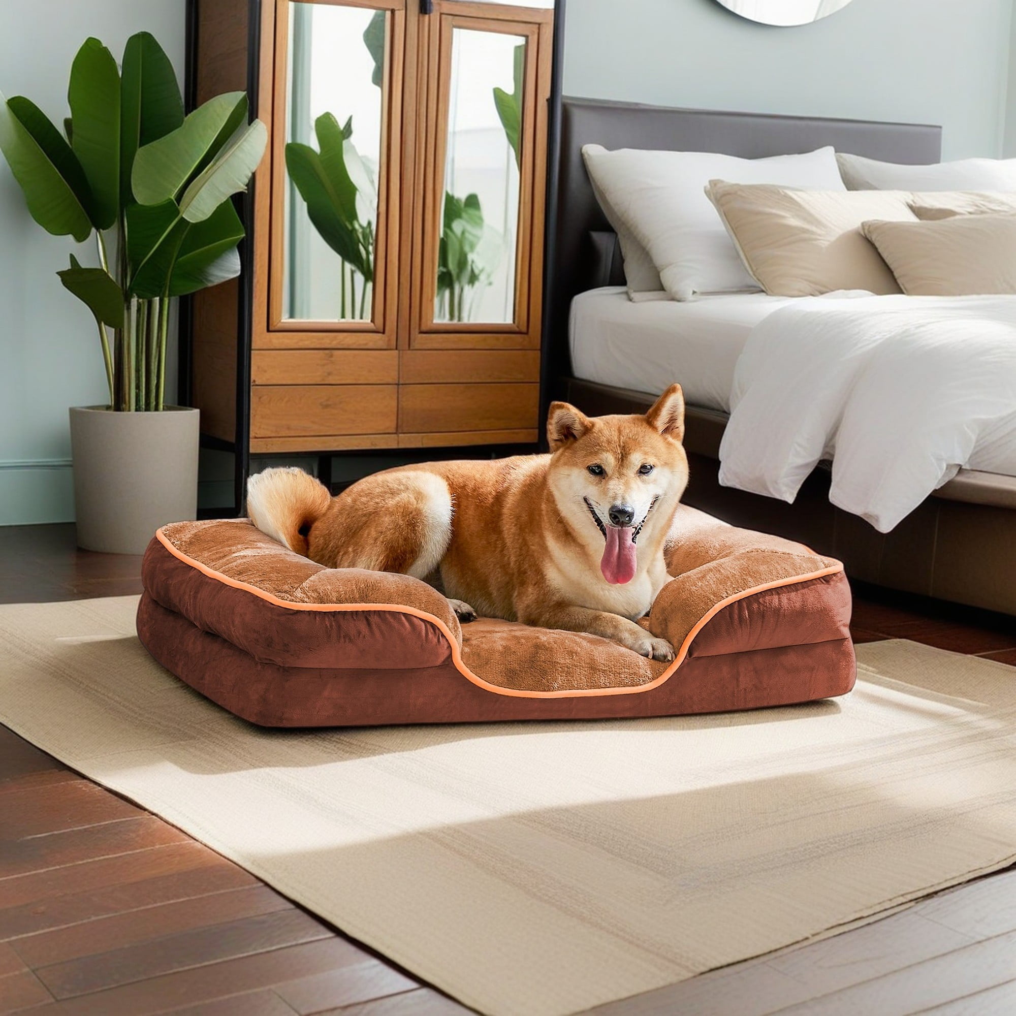 Kadyn 42"x32" Orthopedic Dog Beds, Waterproof Memory Foam Dog Sofa Bed with Sides, Non-Slip Bottom Pet Bed with Washable Removable Cover, Brown
