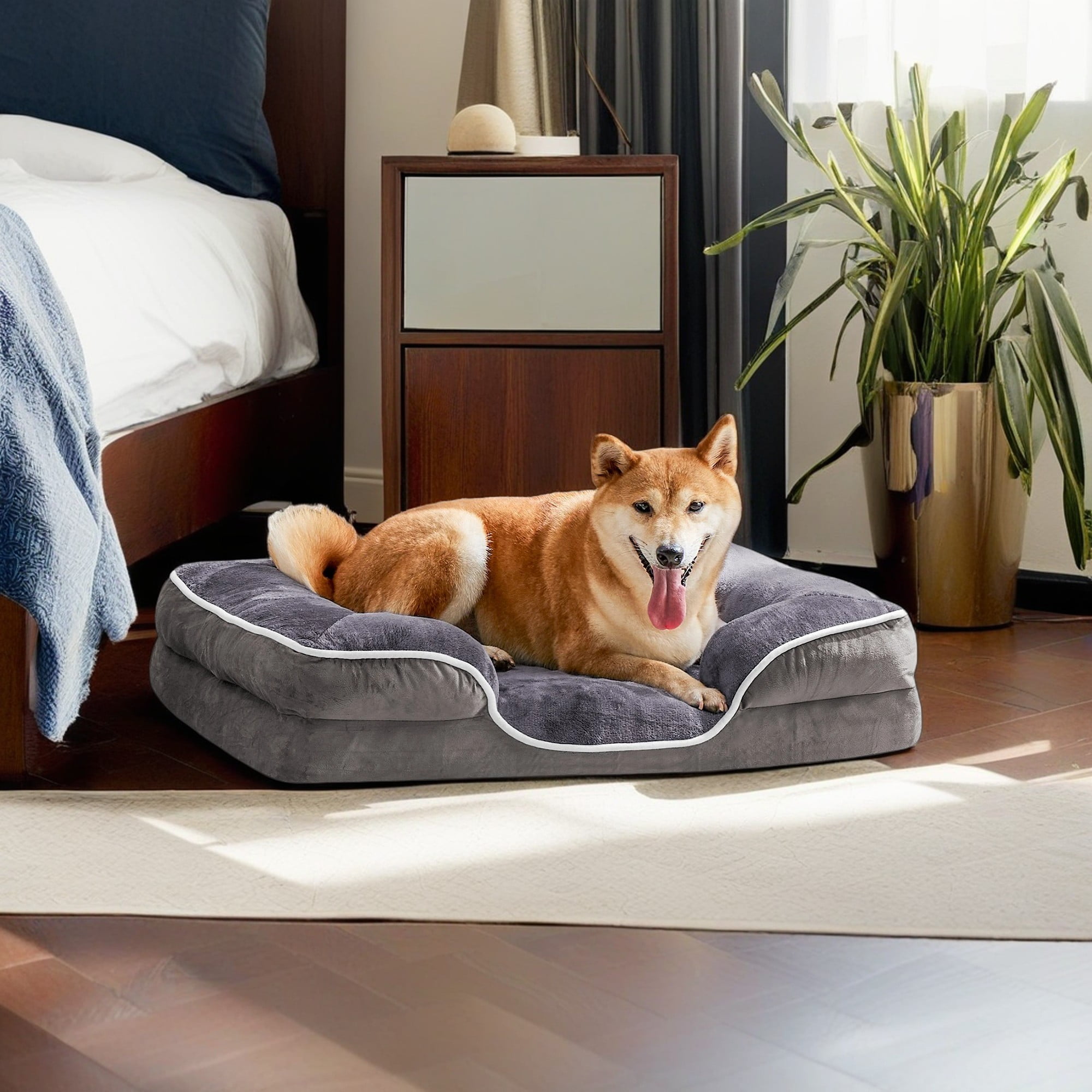 Kadyn 42"x32" Orthopedic Dog Beds, Waterproof Memory Foam Dog Sofa Bed with Sides, Non-Slip Bottom Pet Bed with Washable Removable Cover, Gray