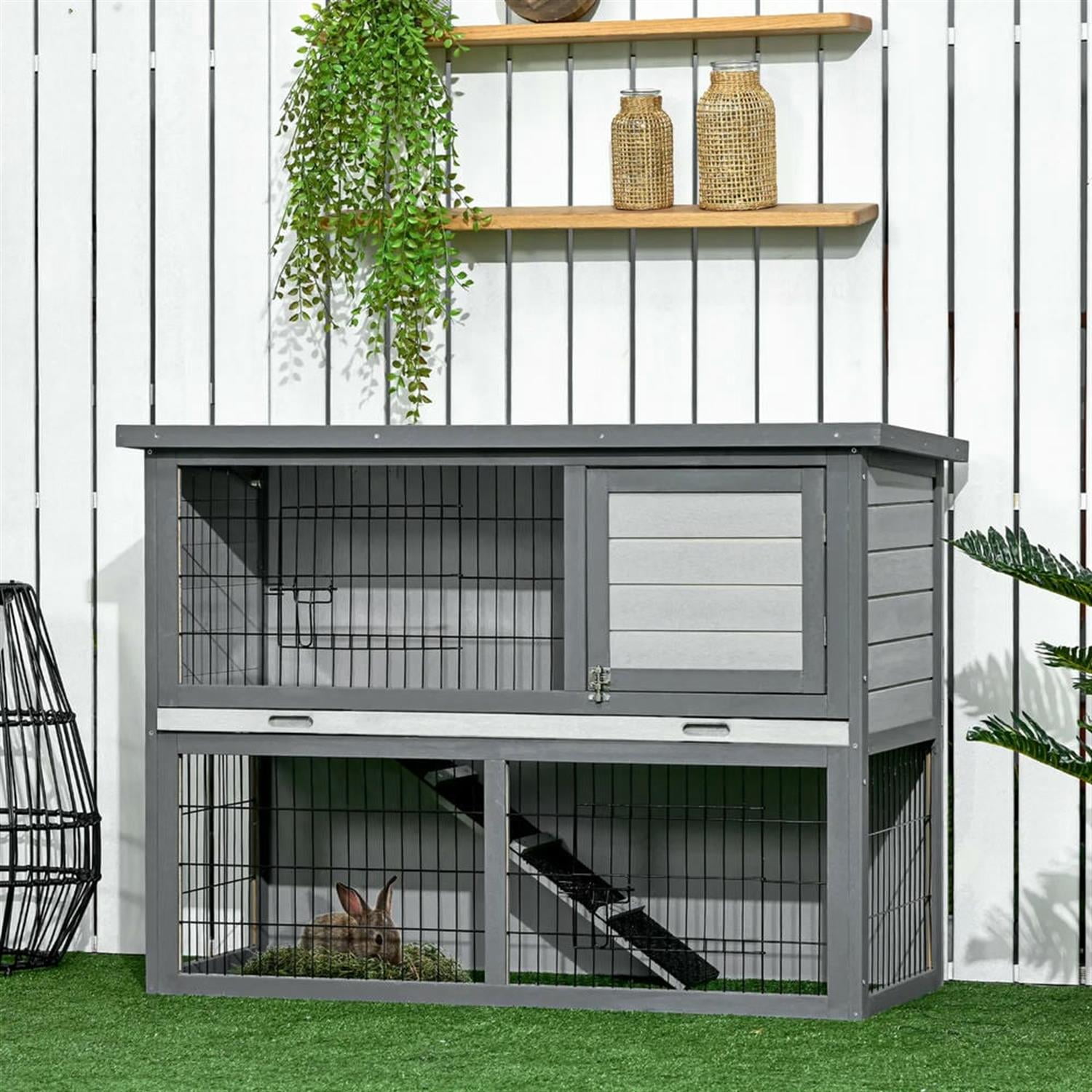 resenkos 43" 2-Story Wooden Rabbit Hutch with Slide-out Tray, Outdoor Small Animal Habitat Enclosure Bunny Cage for Bunnies, Guinea Pigs, Gray