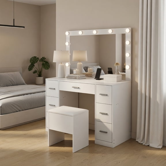 Demi Bonn 43.5-Inch Lighted Vanity Desk, LED Dimmable Mirror 7 Drawers, Bedroom Storage Vanity Table, White