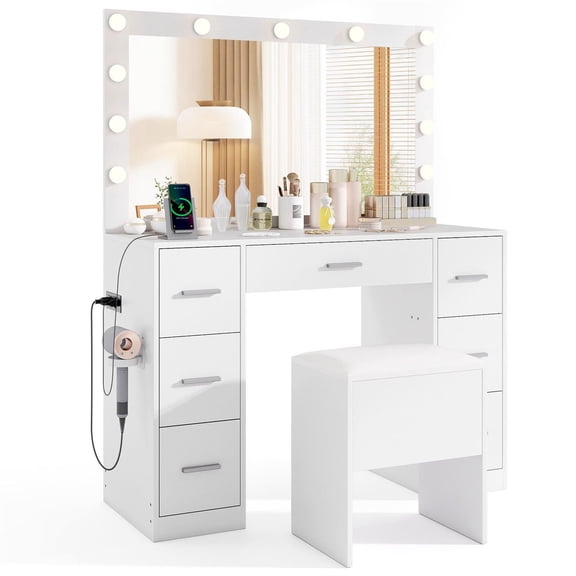 Demi Bonn 43.5-Inch Lighted Vanity Desk, LED Dimmable Mirror 7 Drawers, Bedroom Storage Vanity Table, White
