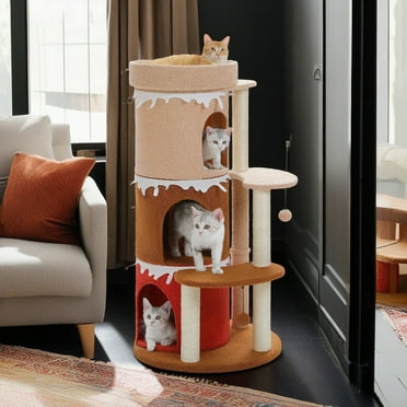 Demi Bonn 43" Cat Tree Tower for Indoor Cats, Cat Tree House with 3 Cat Condos, Platform, Scratching Posts, Hanging Ball, Cat Climbing Frame Bed, Brown