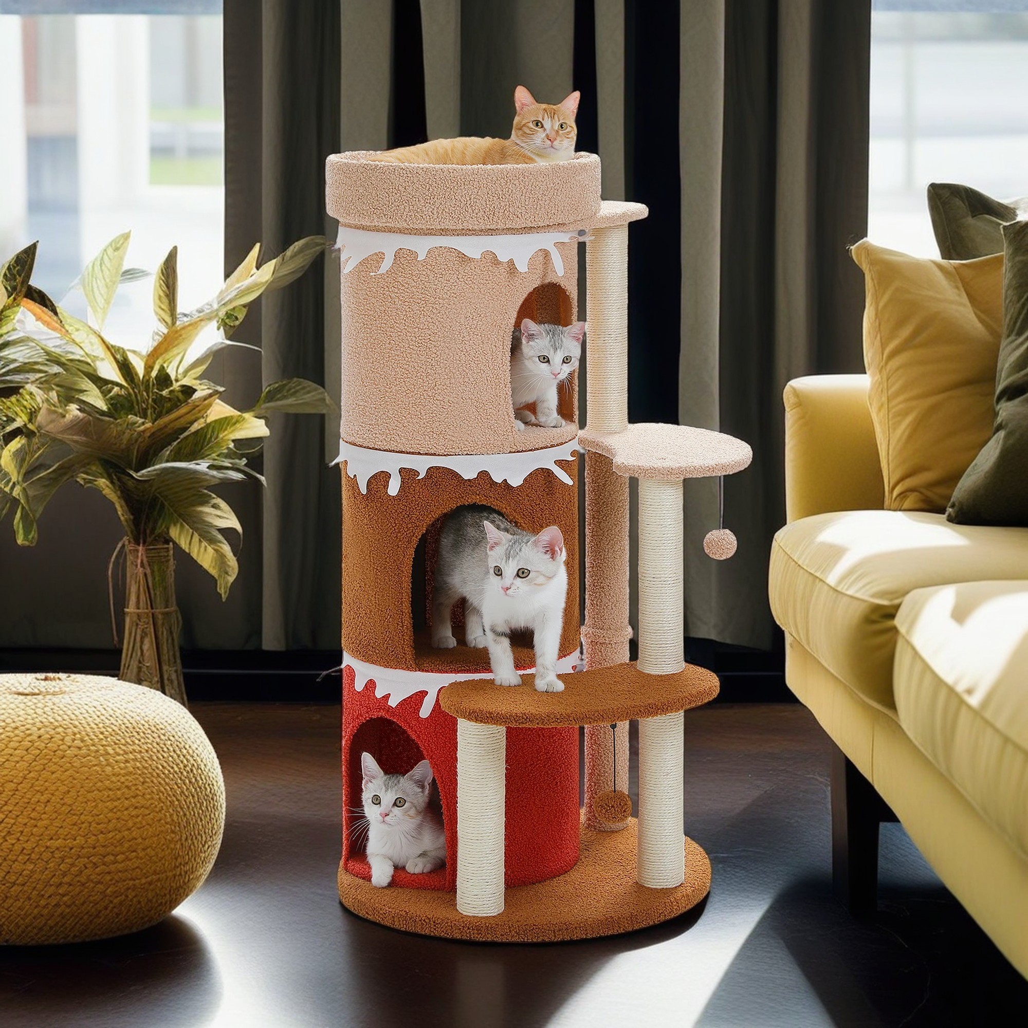 resenkos 43" Cat Tree Tower for Indoor Large Cats, Cat Bed House with 3 Large Cat Condos and Sisal Covered Scratching Posts for Kittens, Brown