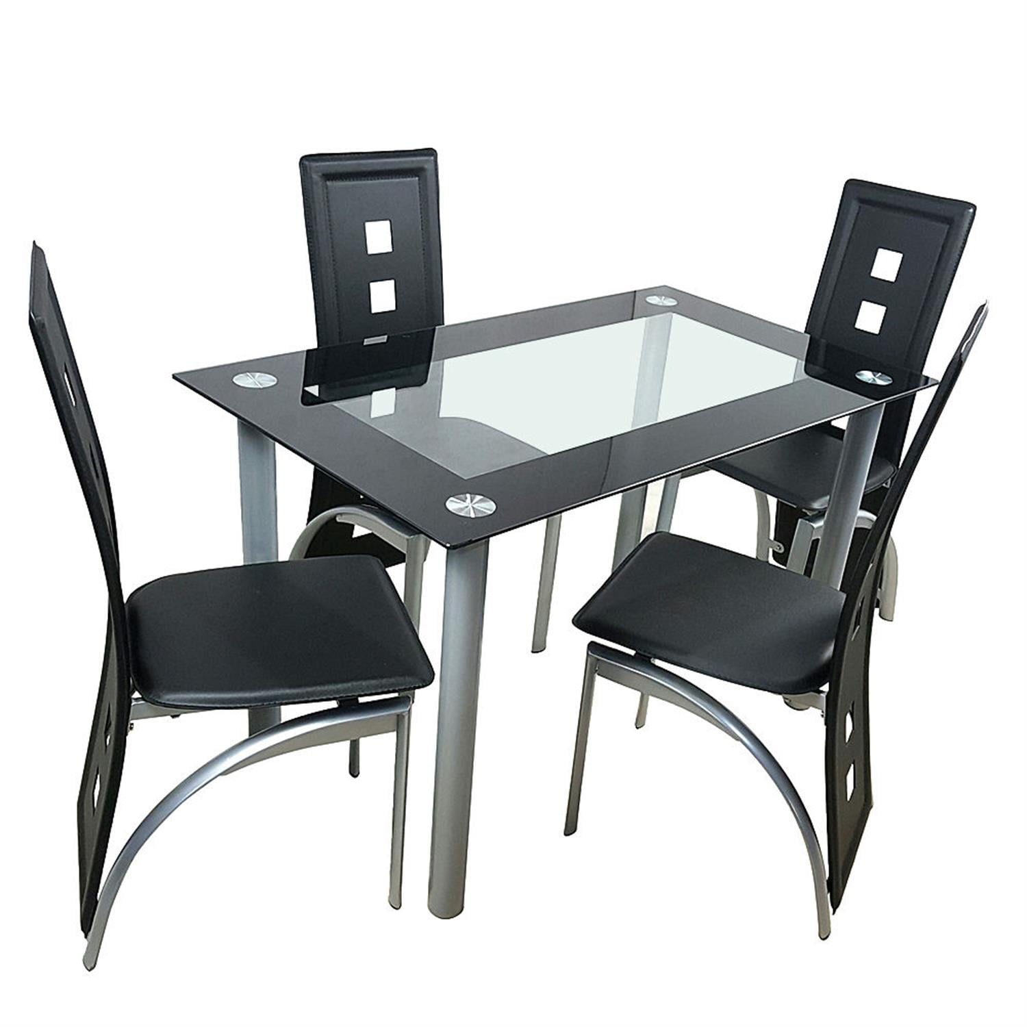 Demi Bonn 43" Dining Table Set with 4 Chairs & Tempered Glass Table for Kitchen, Silver Legs, Comfy Seating for 4 People, Black