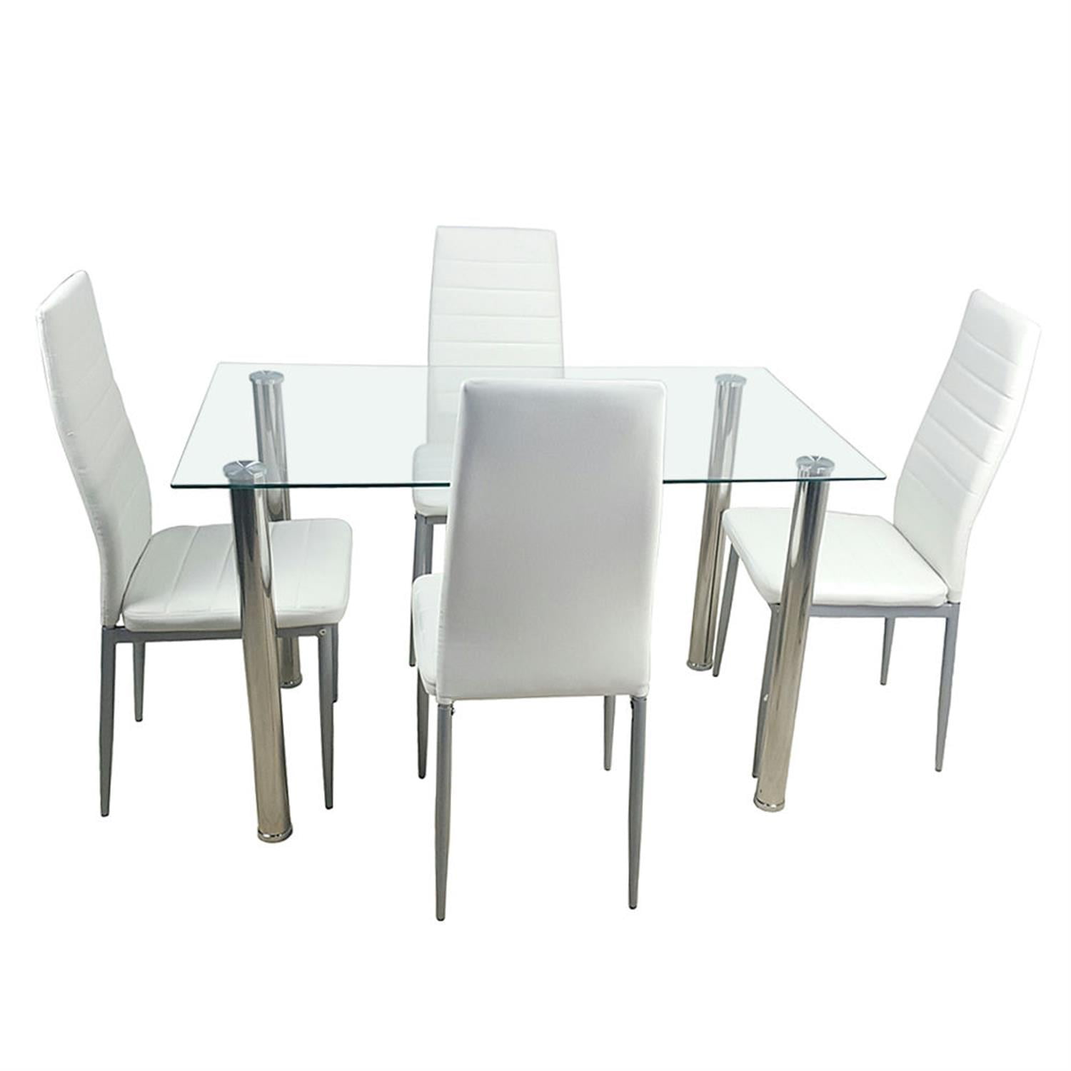 Demi Bonn 43" Dining Table Set with 4 Chairs & Tempered Glass Table for Kitchen, Silver Legs, Comfy Seating for 4 People, White