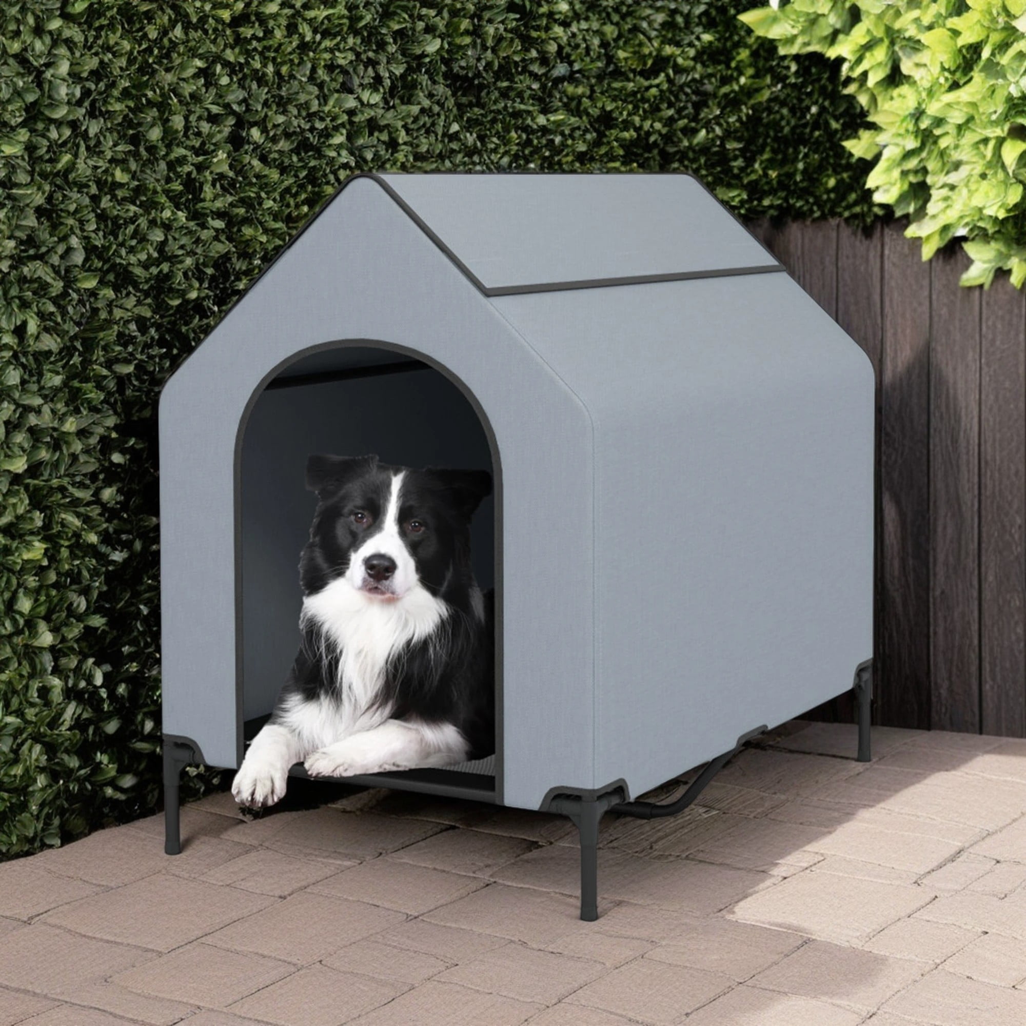 Demi Bonn 43" Dog House for Medium Dogs, Outside Elevated Dog Bed, Weatherproof Dog Kennel for Indoor and Outdoor, Portable Dog Shelter Cot with Ventilated Windows, Gray