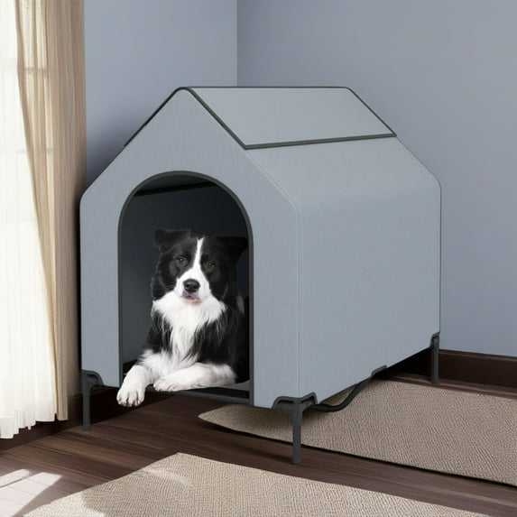 Demi Bonn 43" Dog House for Middle Dogs Indoor or Outside, Weatherproof 600D PVC Dog Kennel Outdoor with Ventilated Windows, Elevated Dog Cooling Bed, Gray