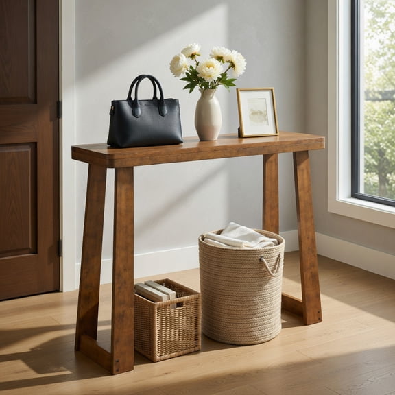 Demi Bonn 43 Inch Solid Rubber Wood Console Table Narrow Design 2 Inch Thick Tabletop Wide Bottom Shelf Sturdy Base Smooth Easy-Clean Surface Entryway Living Room, Walnut