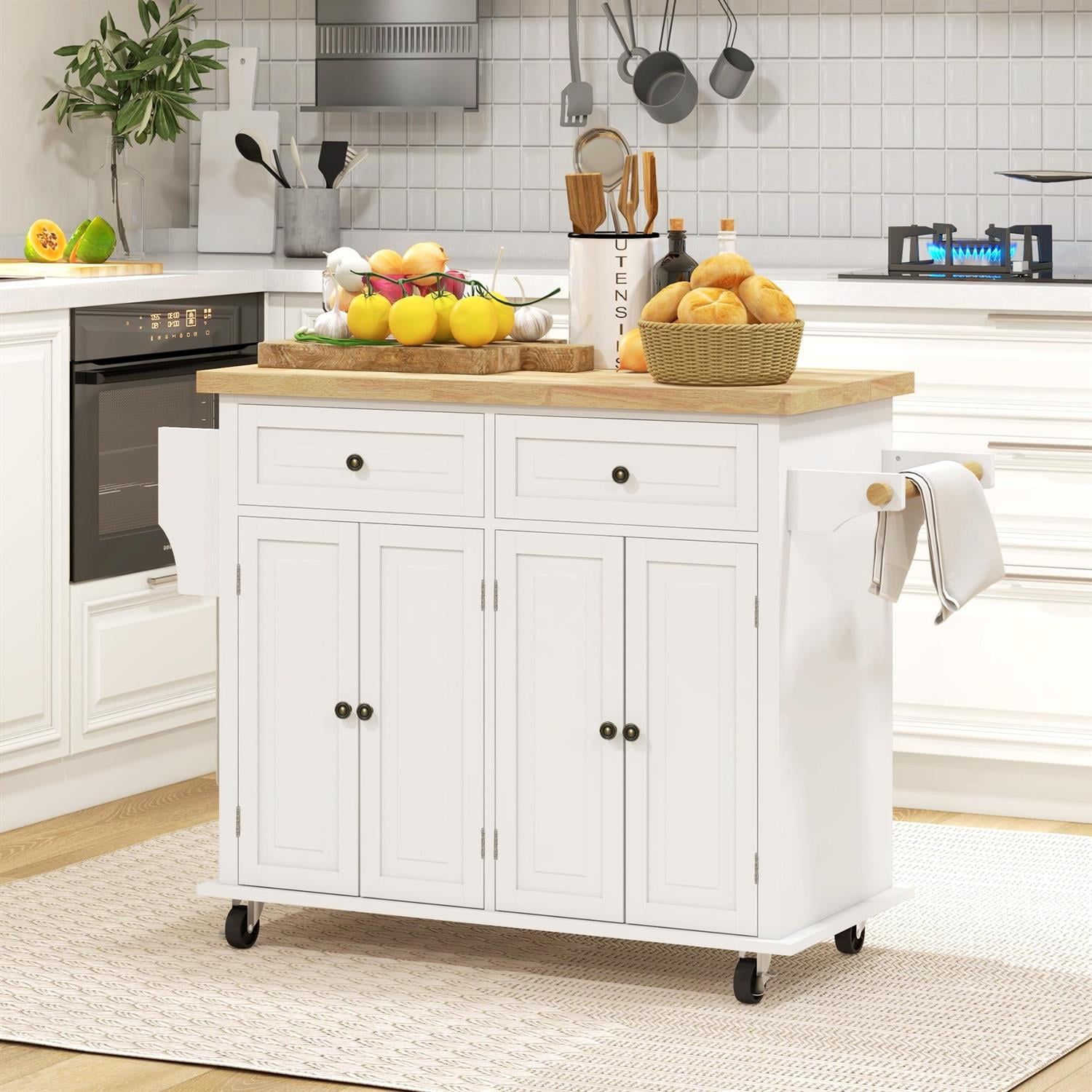 Demi Bonn 43" Kitchen Island with Wheels, Rolling Cart featuring Rubberwood Top, Spacious Drawers, Towel & Spice Racks for Home Cooking, White