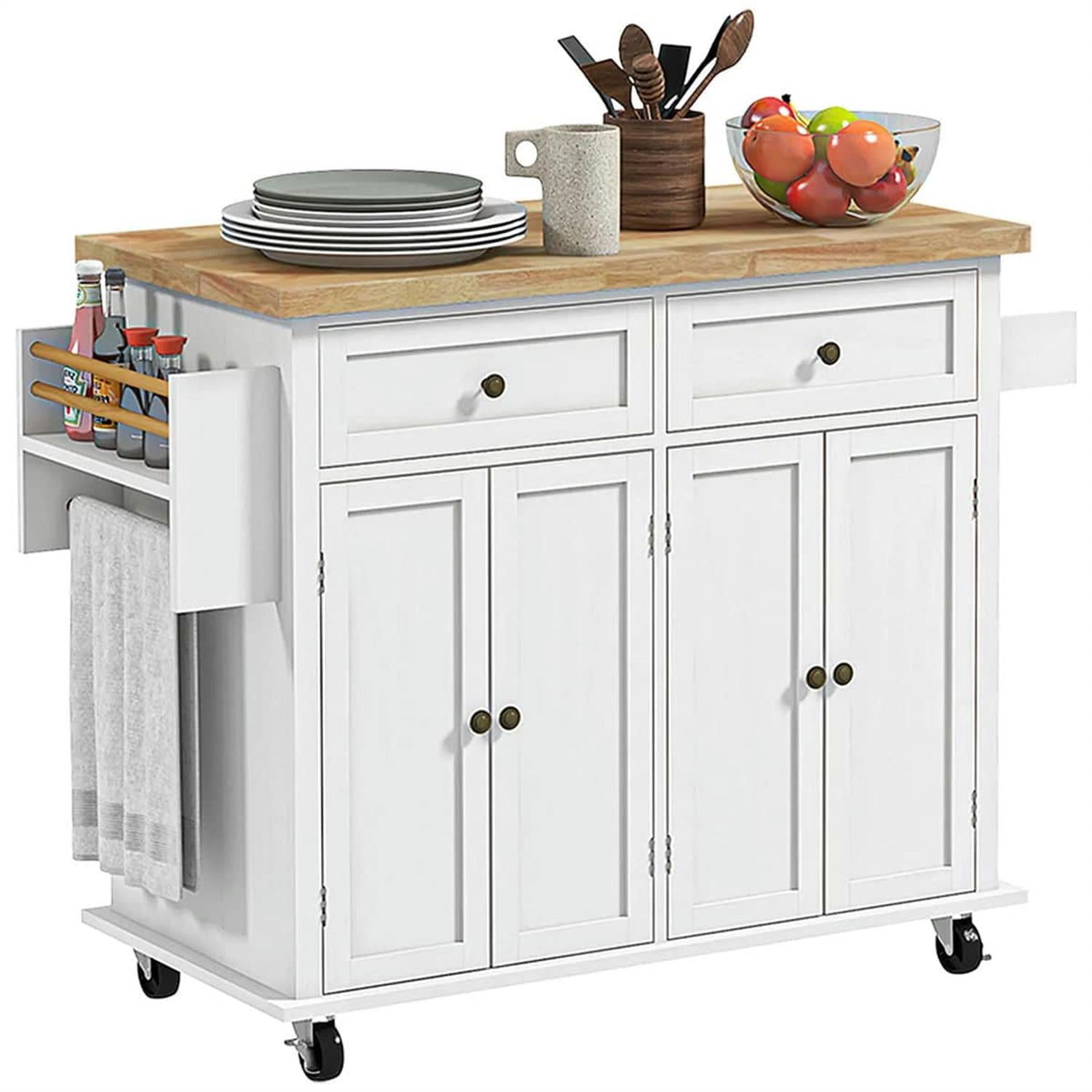Demi Bonn 43" Modern Rolling Kitchen Cart with Spice Rack, Mobile Island for Kitchen, Easy Storage, Space-Saving Design, White