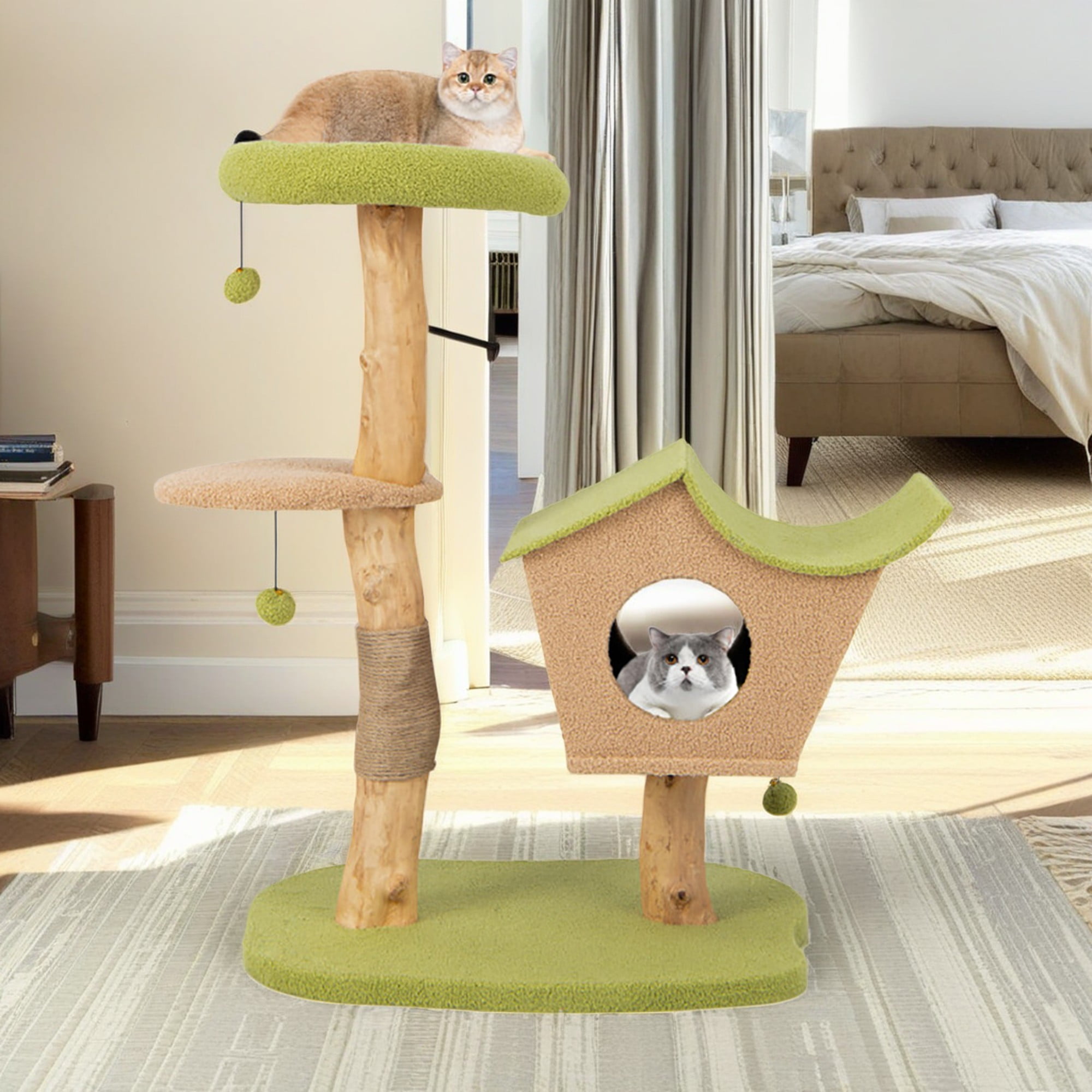 resenkos 43" Natural Wood Cat Tree Tower with Padded Top Perch, Modern Cat Tree House for Large Cat, Green