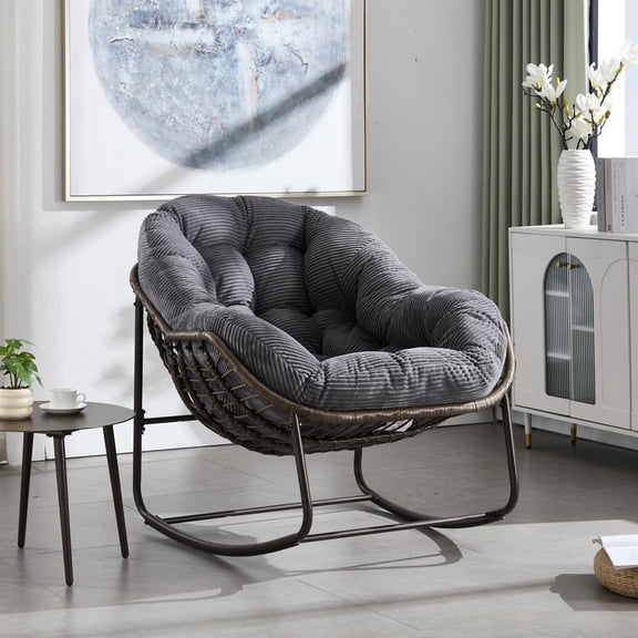 Demi Bonn 43" Outdoor Rattan Rocking Chair, Padded Cushion Rocker Recliner Chair for Front Porch, Living Room, Patio, Garden, Gray