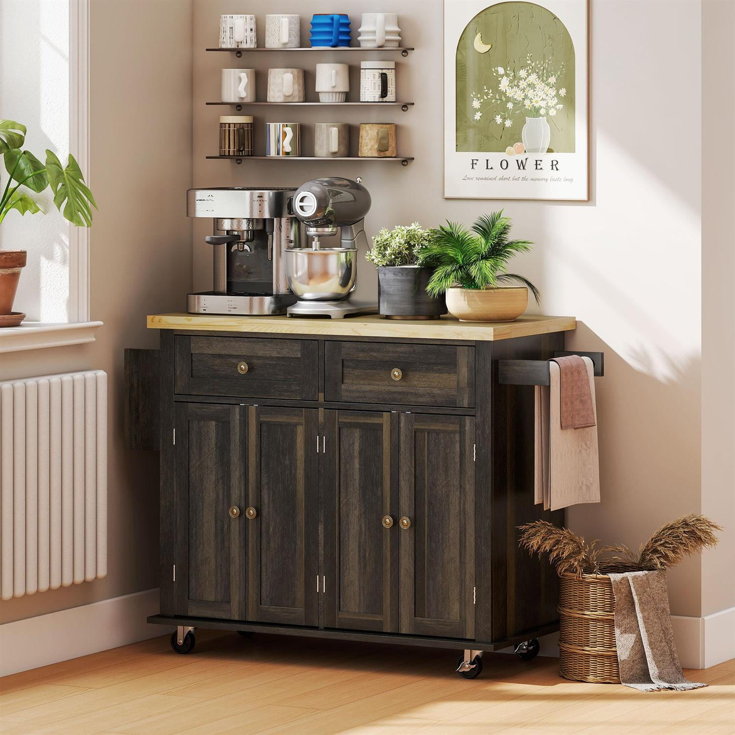 Demi Bonn 43" Rolling Kitchen Island Table Cart with Rubber Wood Top, Drawers, Adjustable Shelves, Spice Rack and Towel Rack for Dining Room, Brown