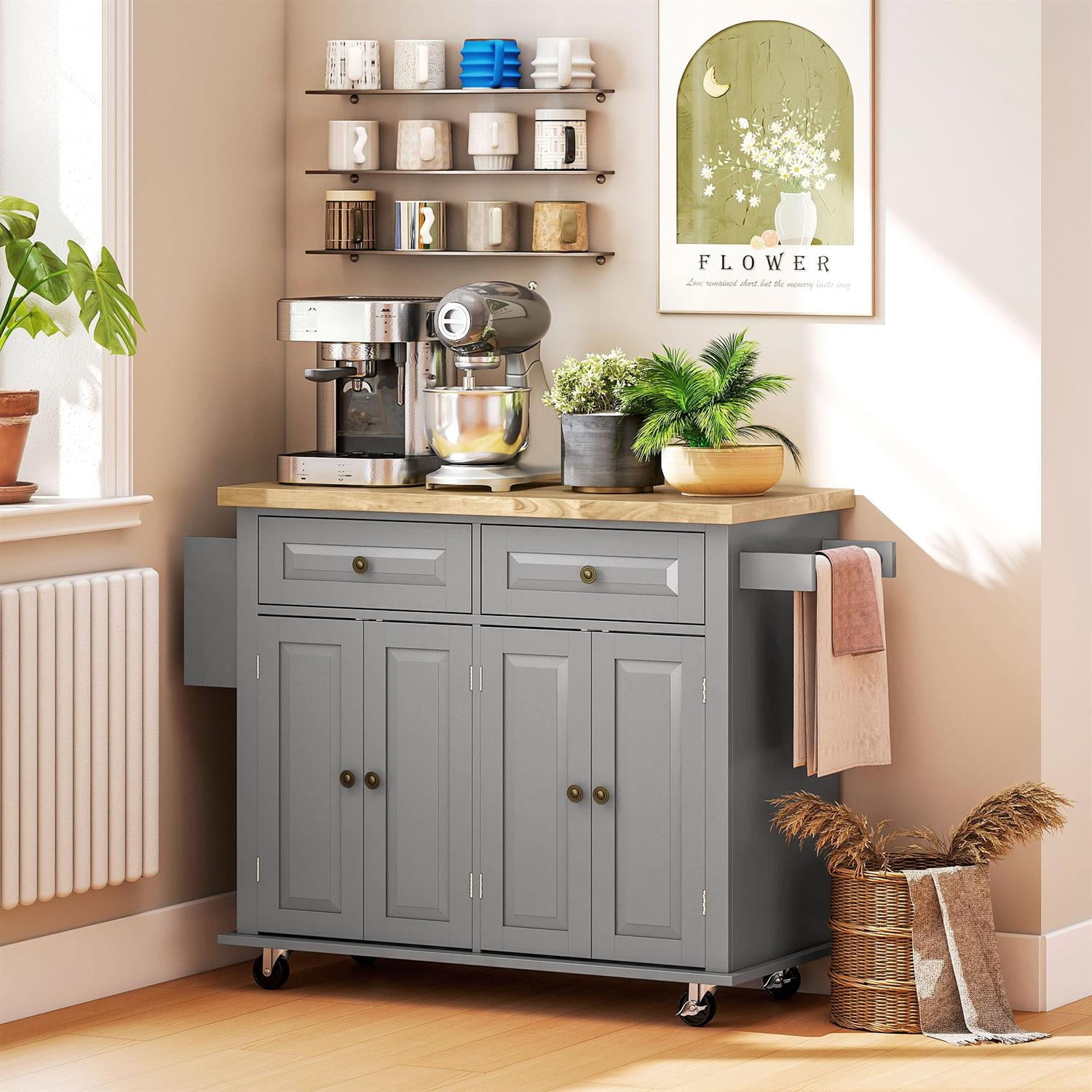 Demi Bonn 43" Rolling Kitchen Island Table Cart with Rubber Wood Top, Drawers, Adjustable Shelves, Spice Rack and Towel Rack for Dining Room, Gray