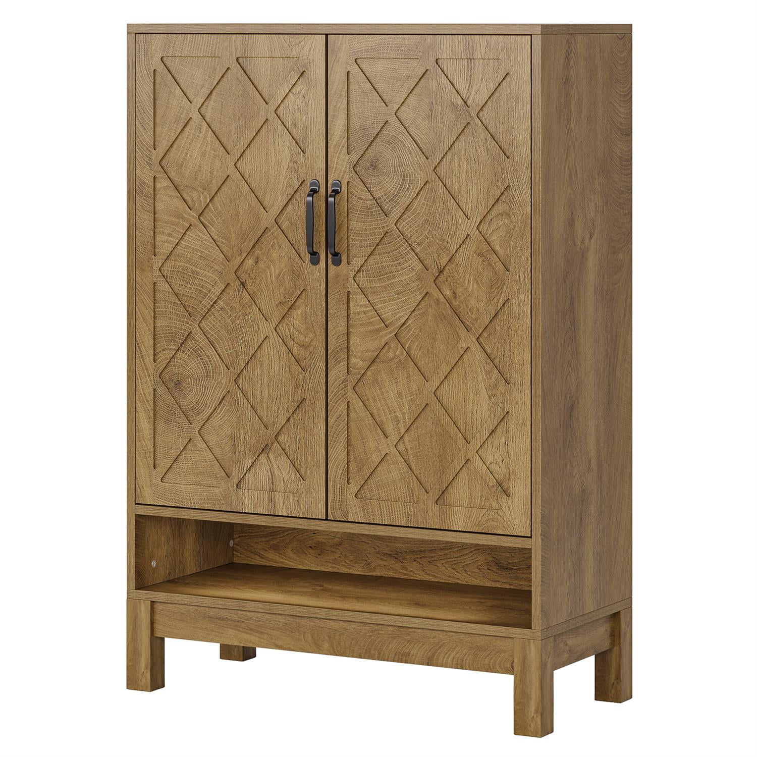 Demi Bonn 43" Solid Wood Shoe Storage with Intricate Carvings, Entryway Cabinet for Home Organization, Brown