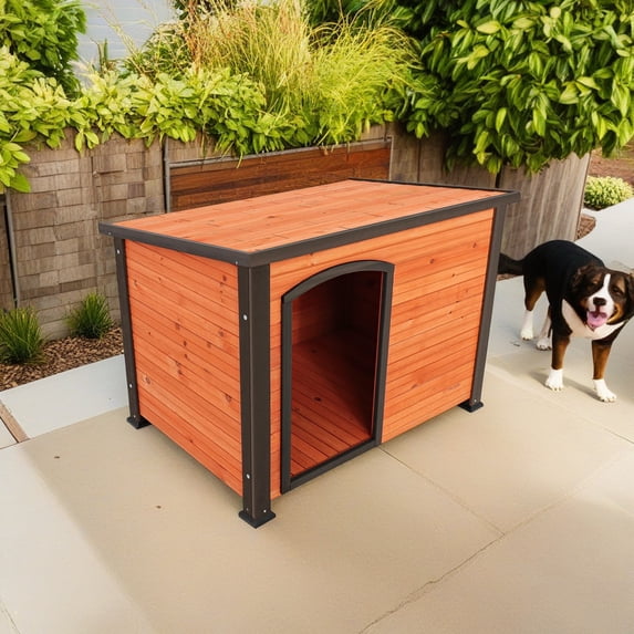 Demi Bonn 44.5" Outdoor Wood Dog House for Medium Dogs with Raised Feet, Removable Floor Weatherproof Pet Cat House, Solid Wood Roof, Orange