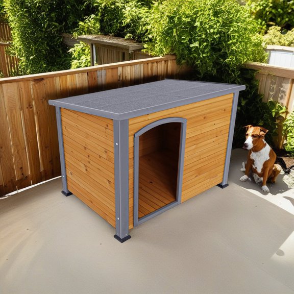 Demi Bonn 44.5" Wood Dog House for Medium Dogs, Large Outdoor Weatherproof Pet Cat House Four Seasons General with Raised Feet, Brown