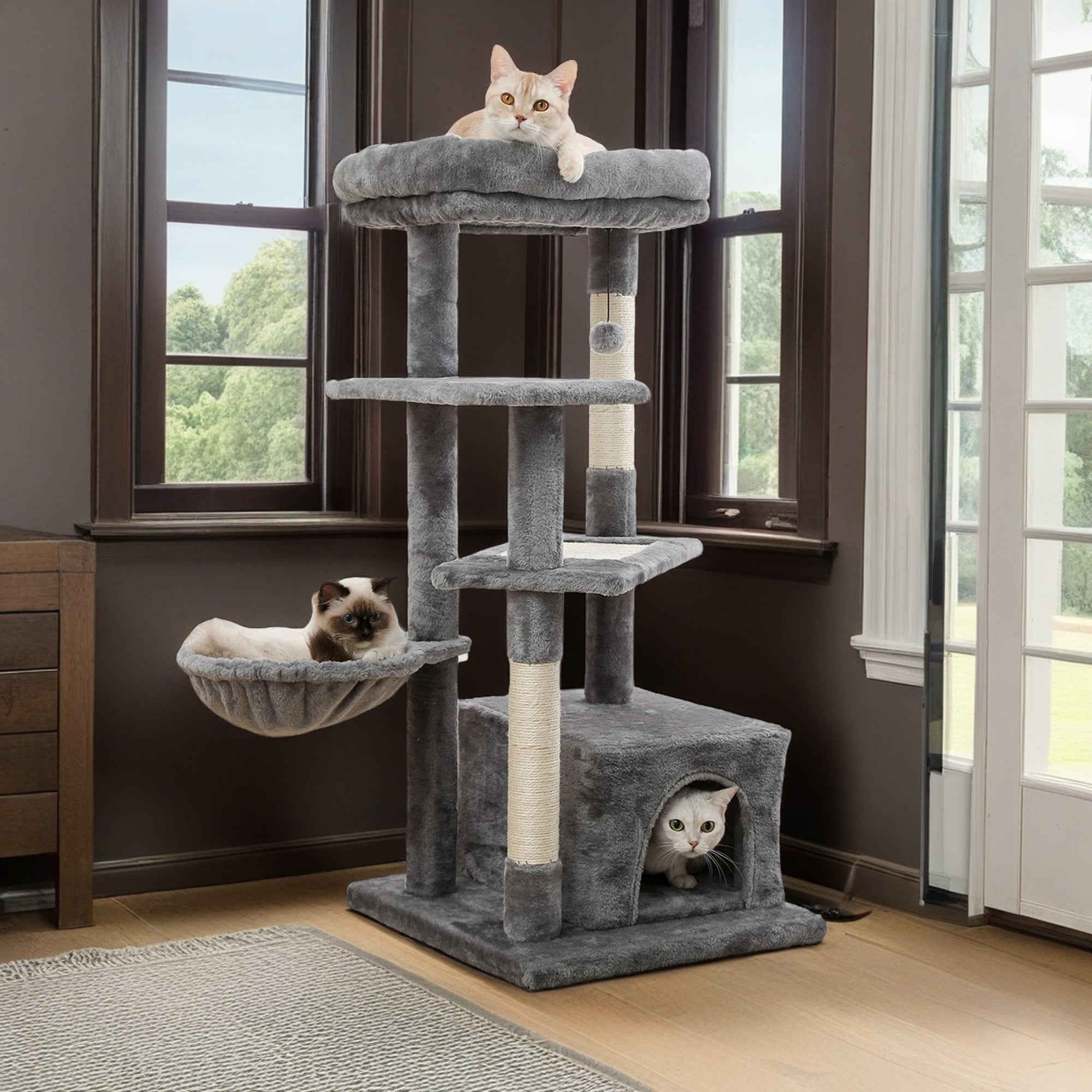resenkos 44" Cat Tree Tower for Indoor Cats, Cat Condo Dangling Ball Cat Furniture Activity Center Play House, Gray