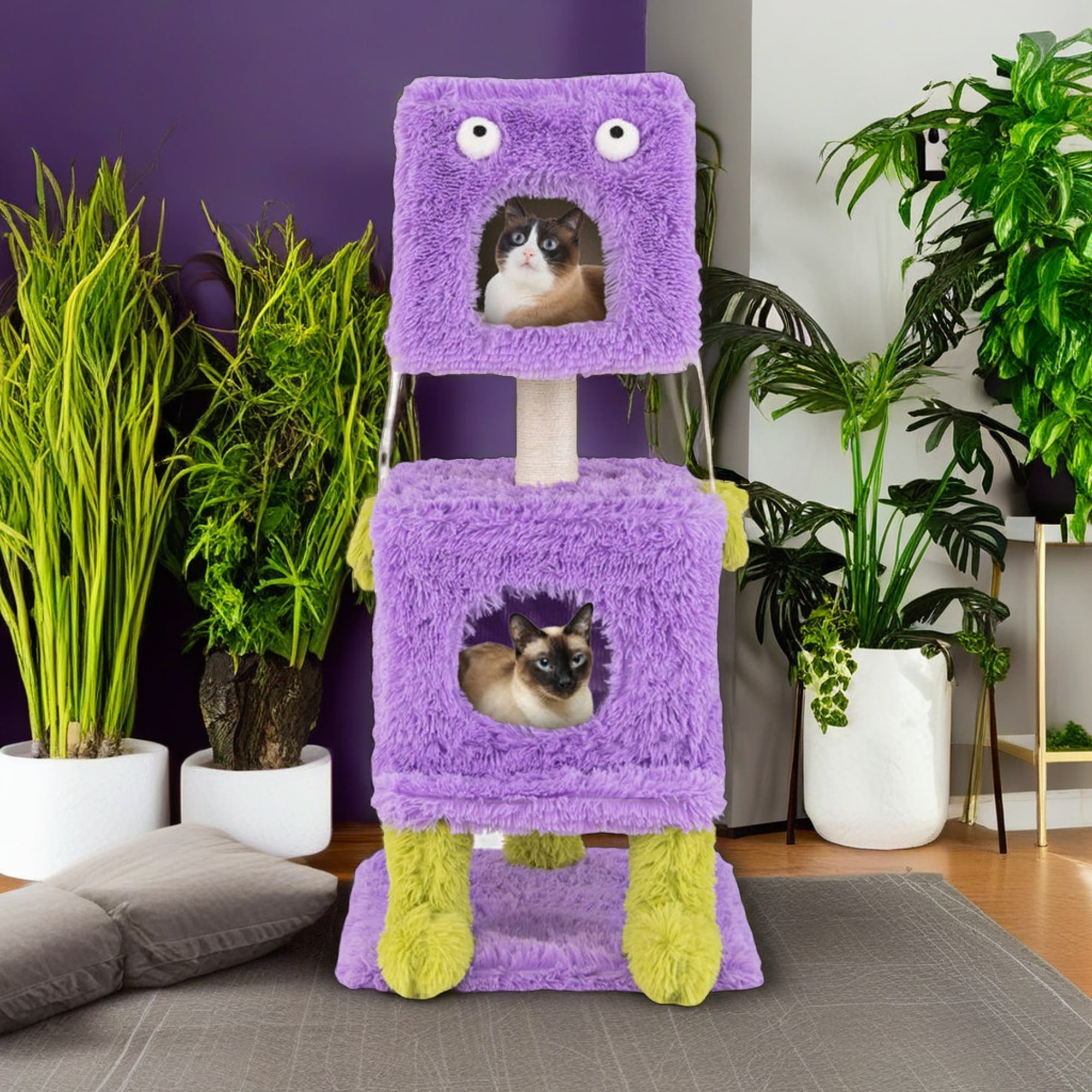 Kadyn 44" Cute Monster-Themed Cat Tree Tower with 2 Private Cat Condos for Small Place, Purple