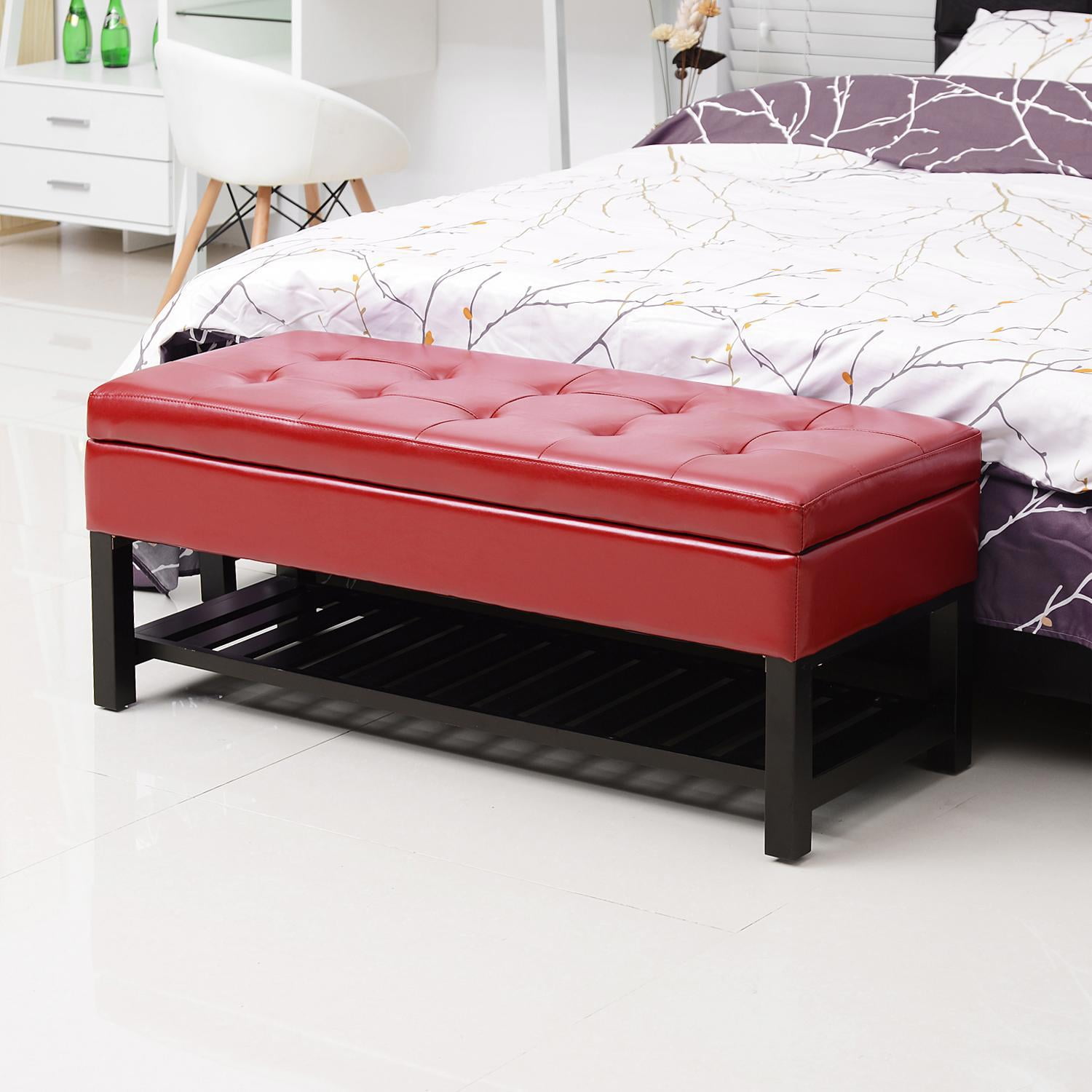 Demi Bonn 44" Faux Leather Ottoman Storage Bench with Shoe Rack, Comfortable Seating & Storage for Home & Office, Spacious Storage, Red